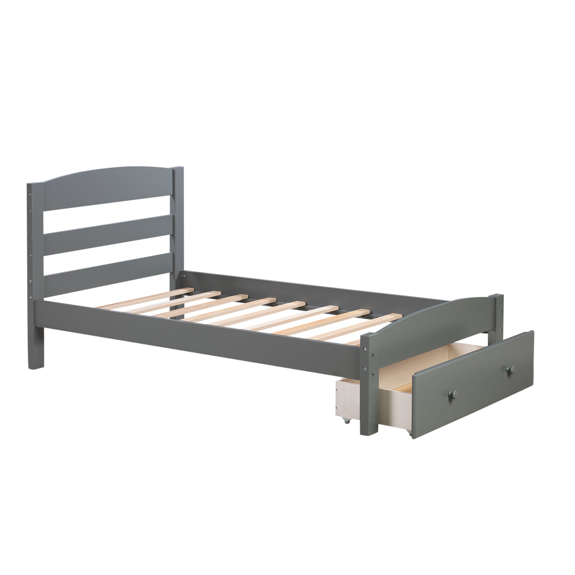 Walnut Wood Frame Twin Platform Bed with Storage Drawer