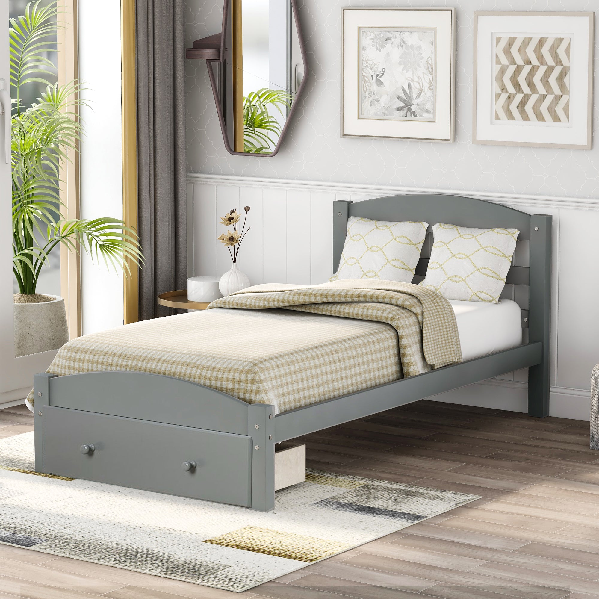 Walnut Wood Frame Twin Platform Bed with Storage Drawer