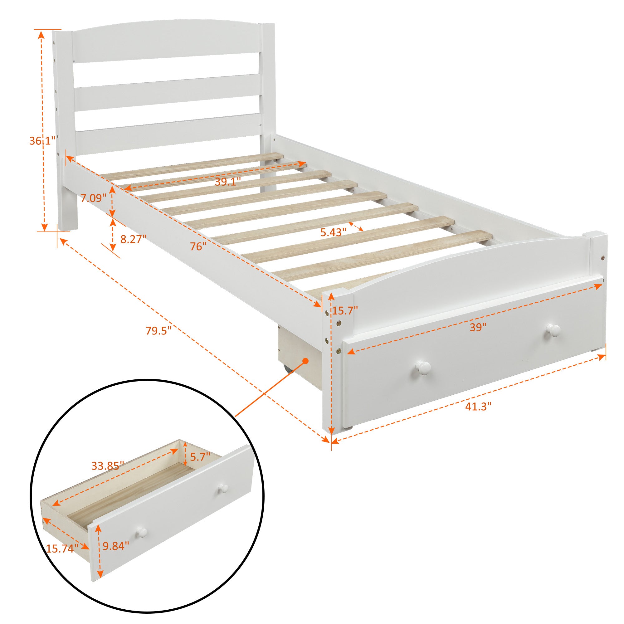 Walnut Wood Frame Twin Platform Bed with Storage Drawer