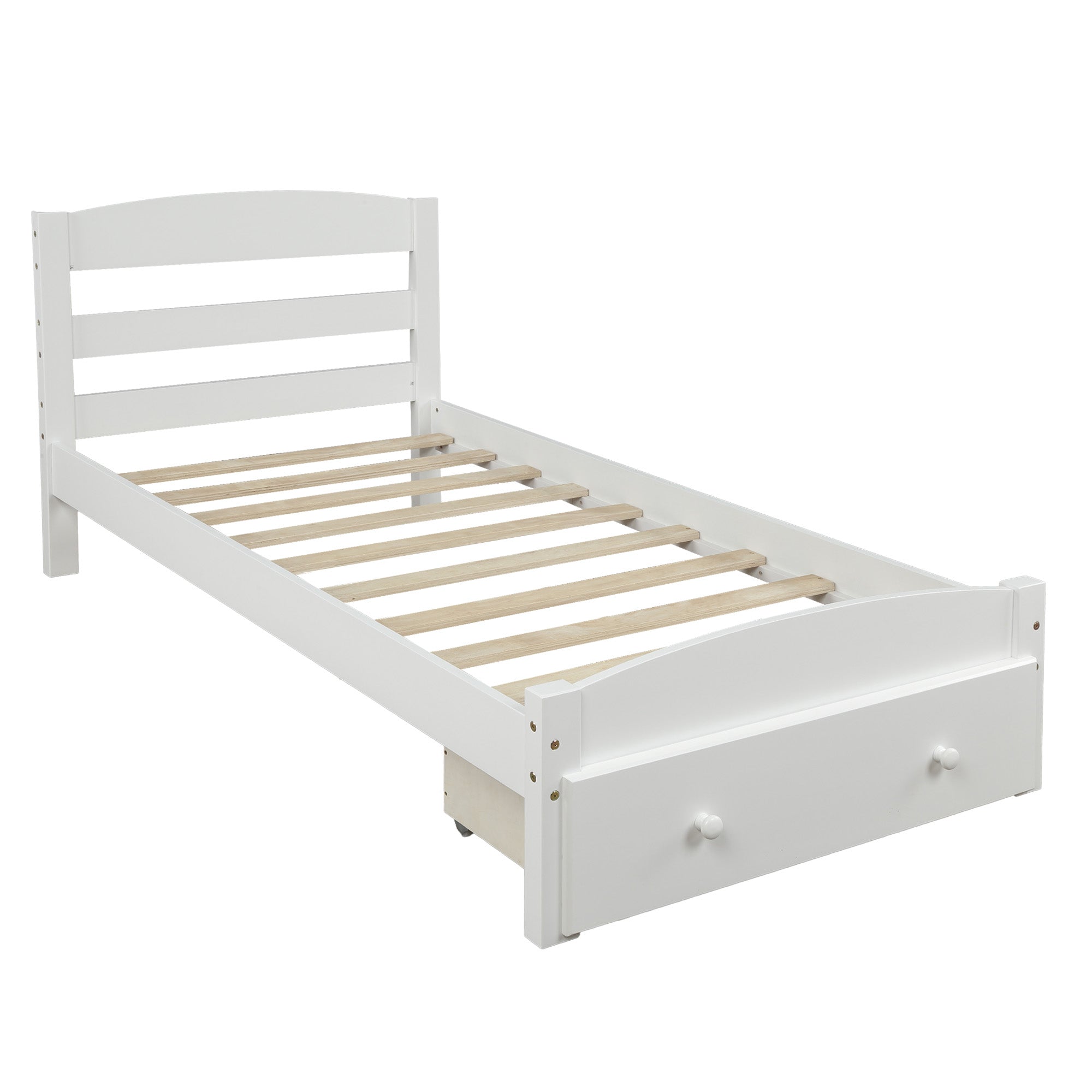 Walnut Wood Frame Twin Platform Bed with Storage Drawer