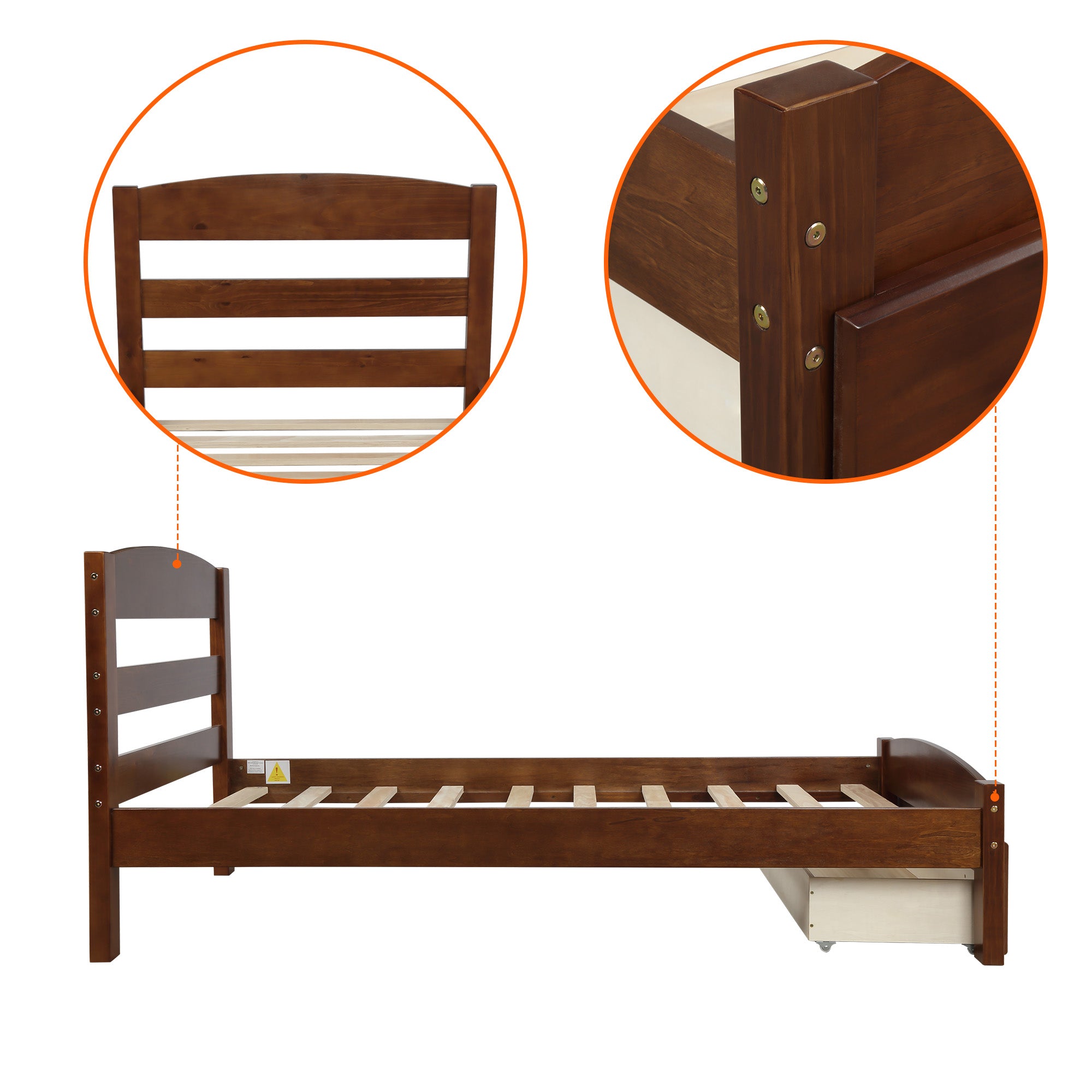 Walnut Wood Frame Twin Platform Bed with Storage Drawer