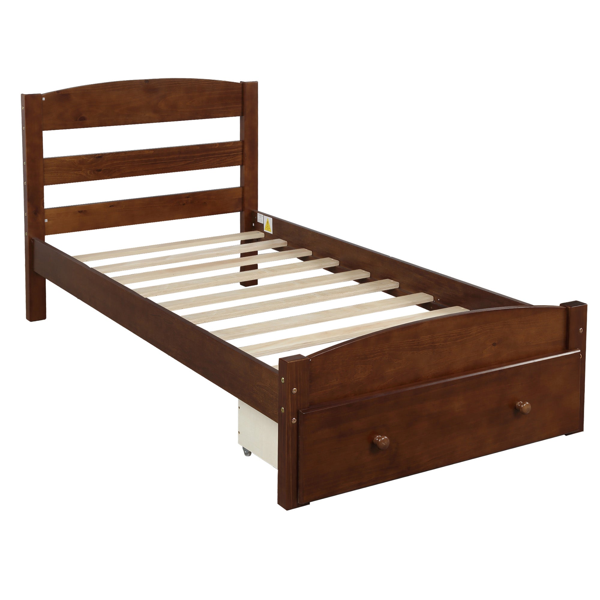 Walnut Wood Frame Twin Platform Bed with Storage Drawer