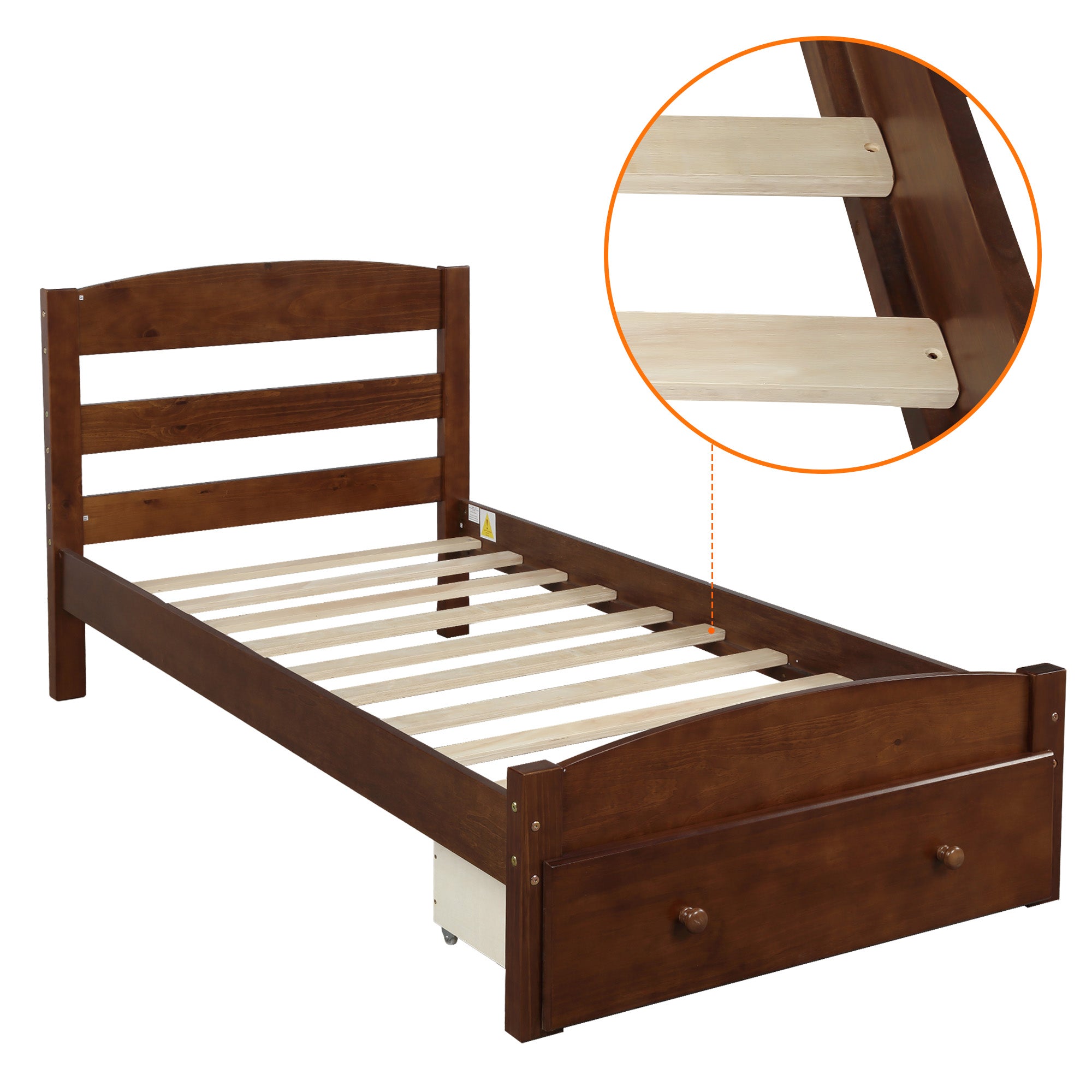 Walnut Wood Frame Twin Platform Bed with Storage Drawer