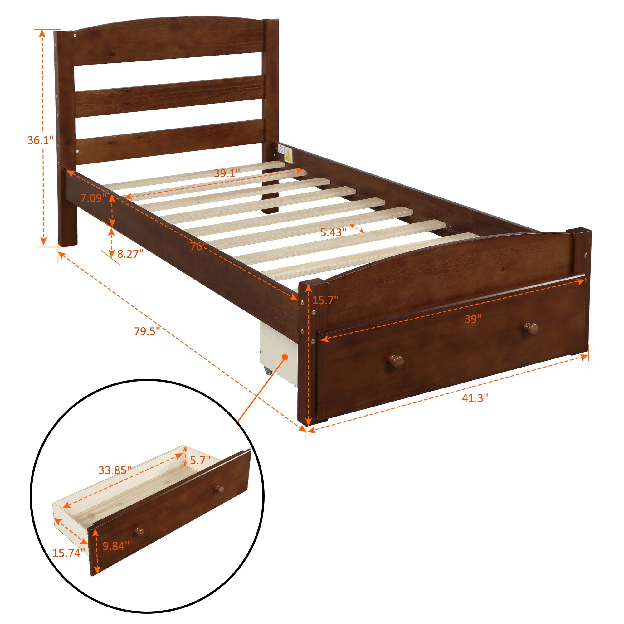 Walnut Wood Frame Twin Platform Bed with Storage Drawer