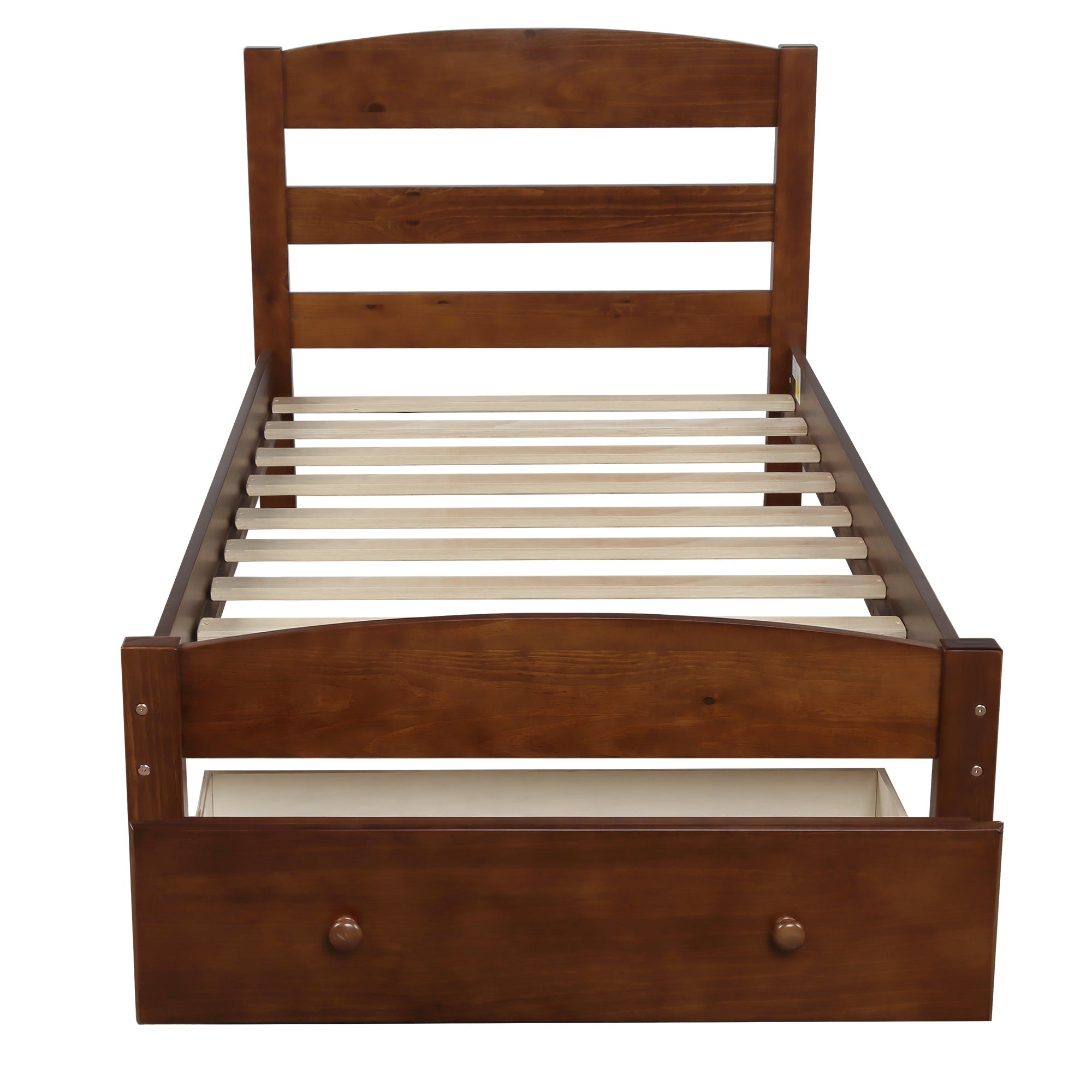 Walnut Wood Frame Twin Platform Bed with Storage Drawer