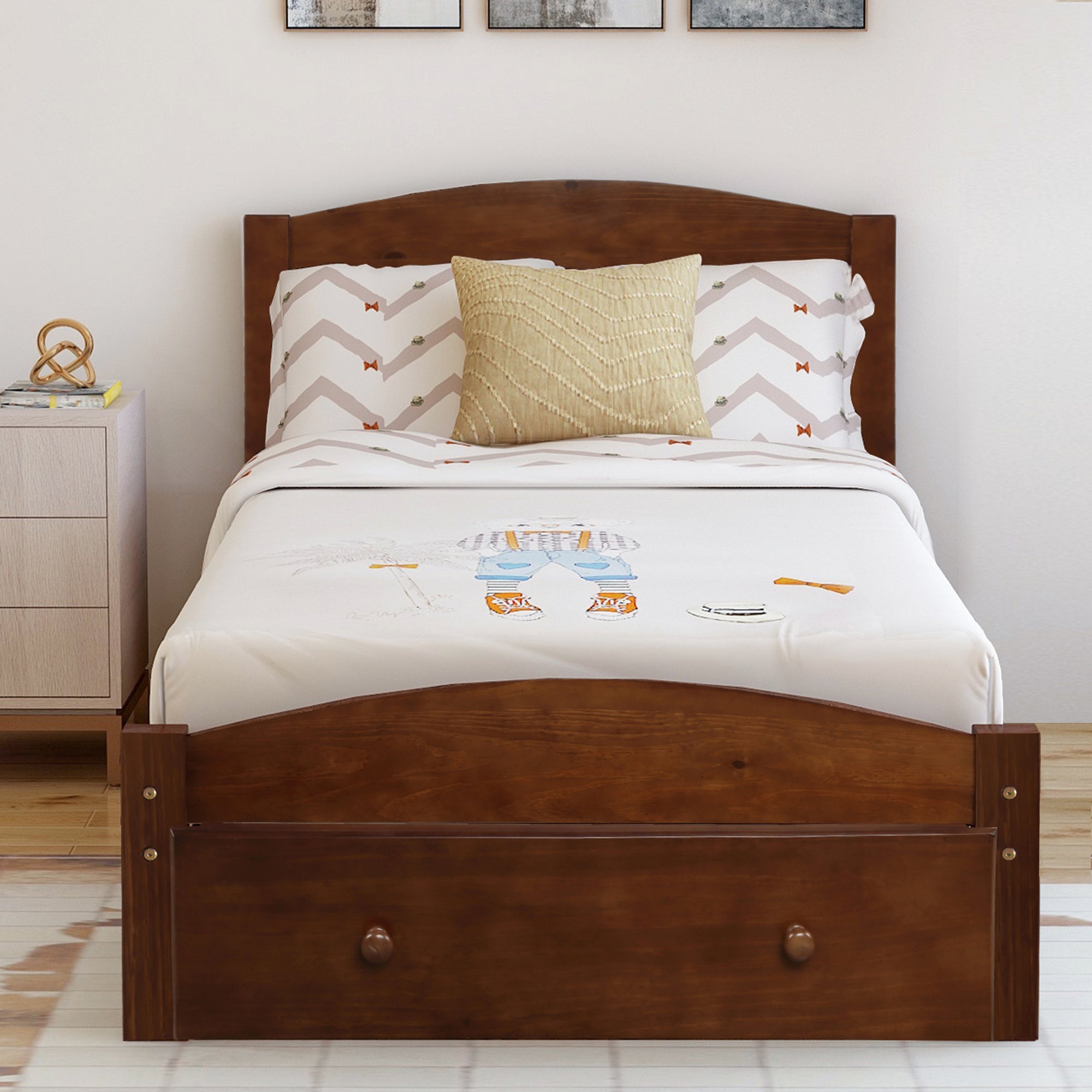 Walnut Wood Frame Twin Platform Bed with Storage Drawer