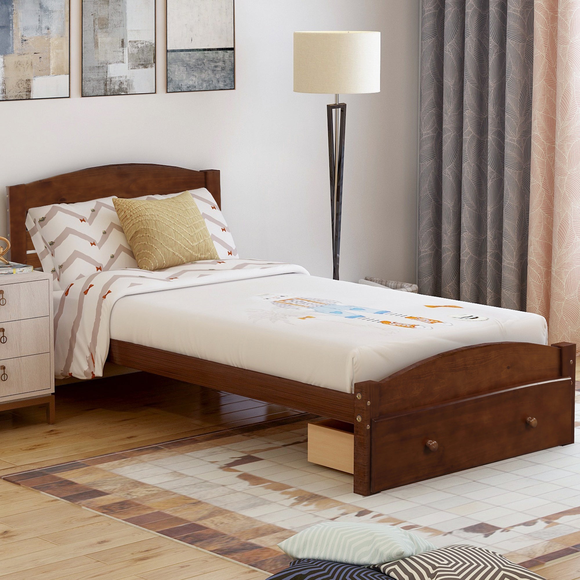 Walnut Wood Frame Twin Platform Bed with Storage Drawer