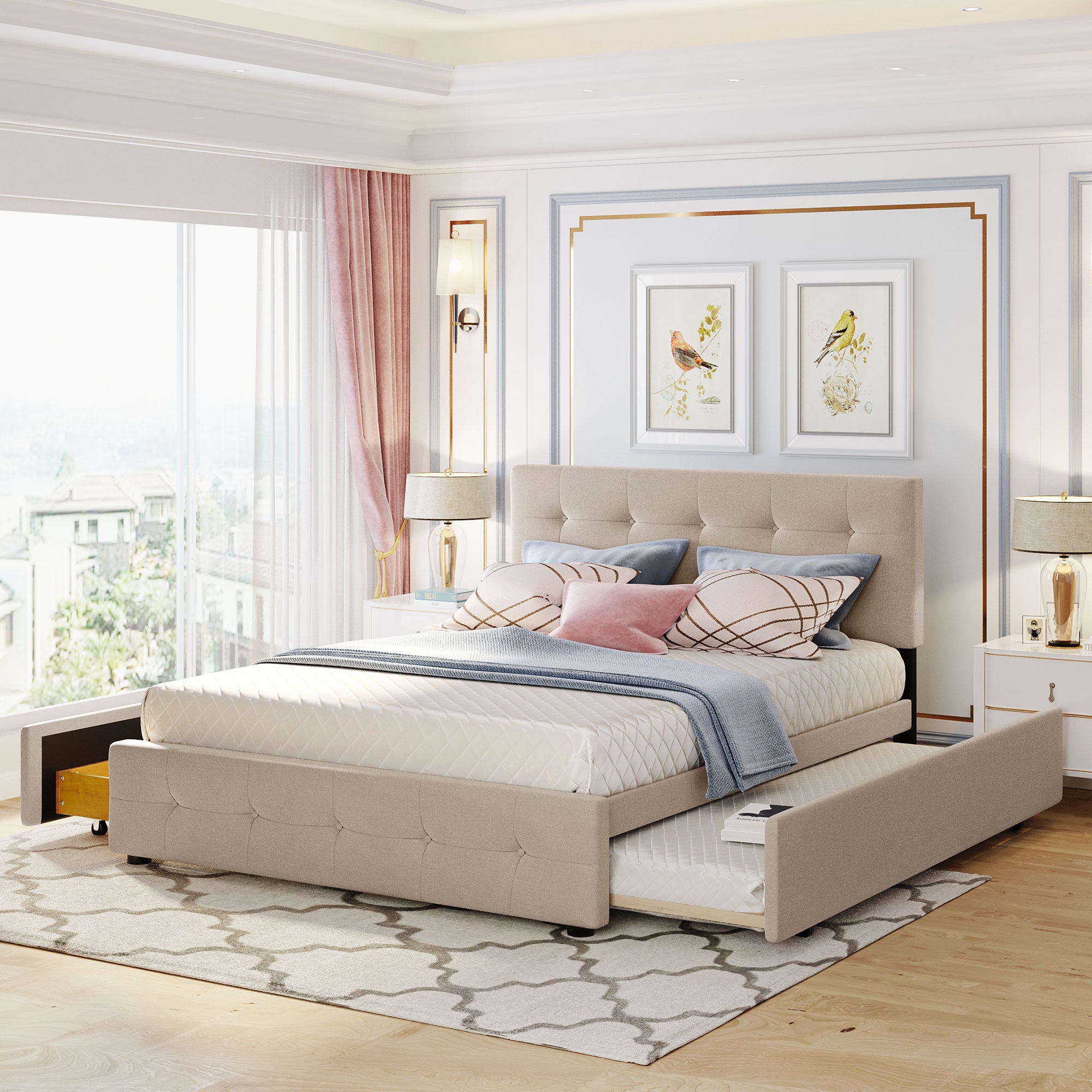 Queen Wood Frame Platform Bed with Drawers and Twin XL Trundle