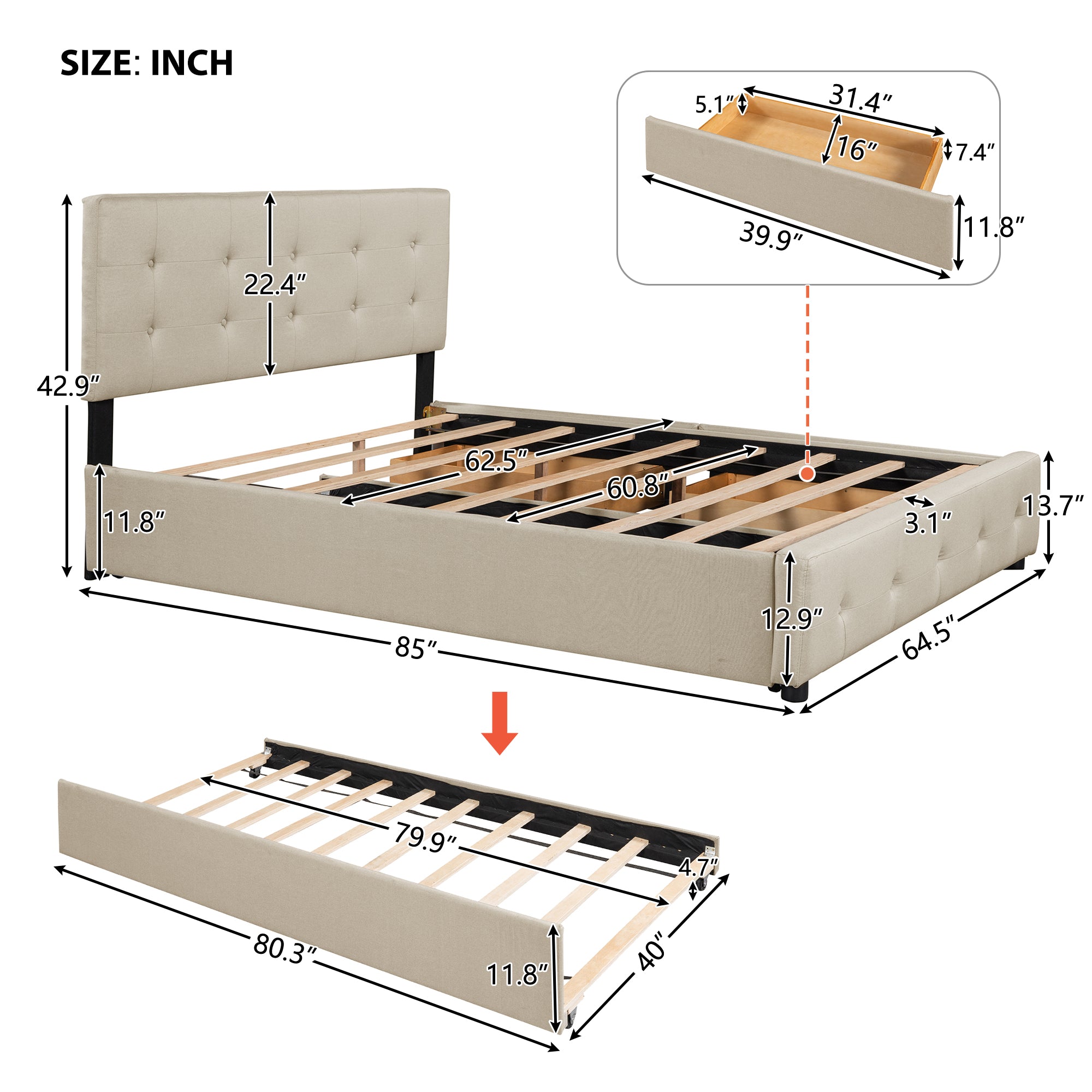 Queen Wood Frame Platform Bed with Drawers and Twin XL Trundle