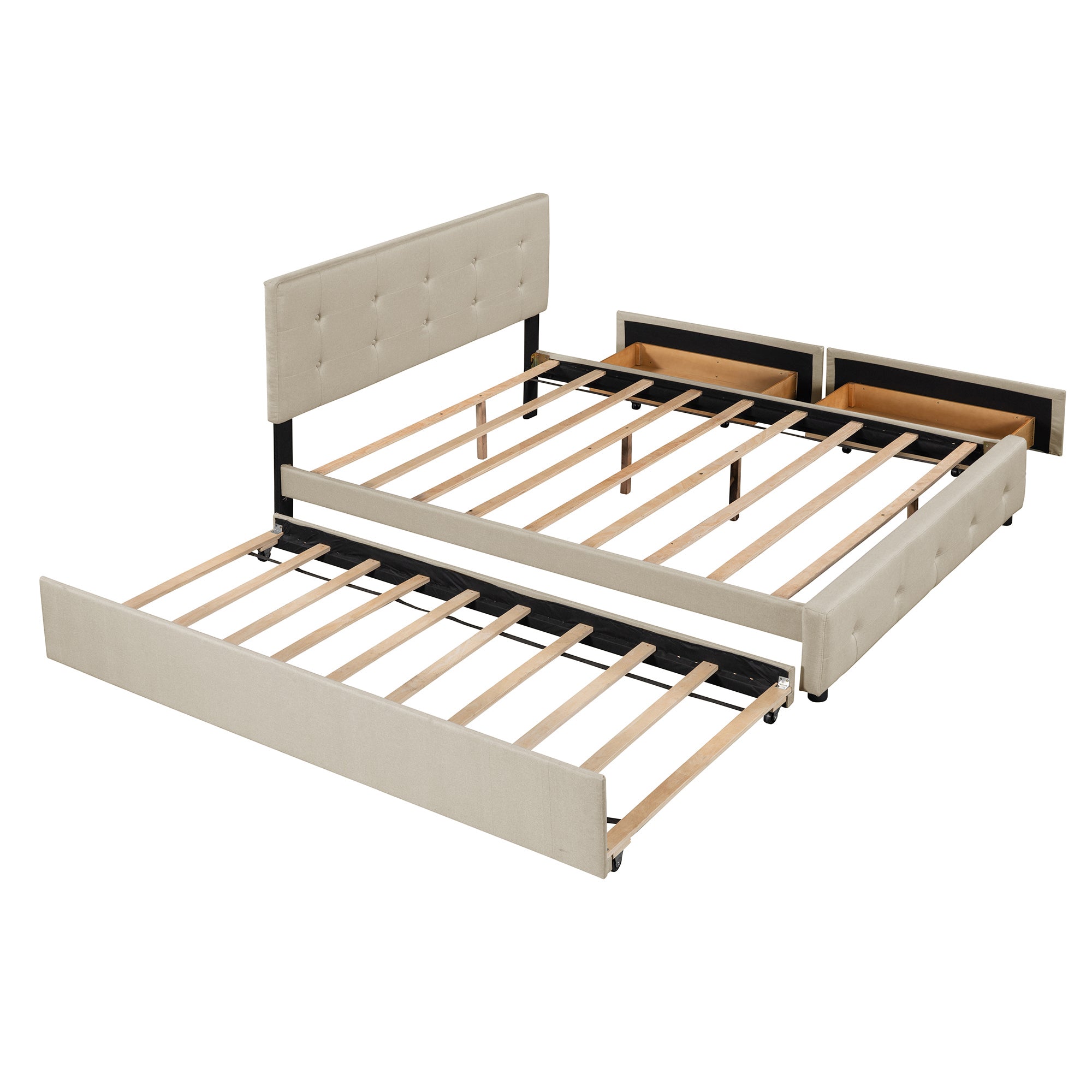 Queen Wood Frame Platform Bed with Drawers and Twin XL Trundle