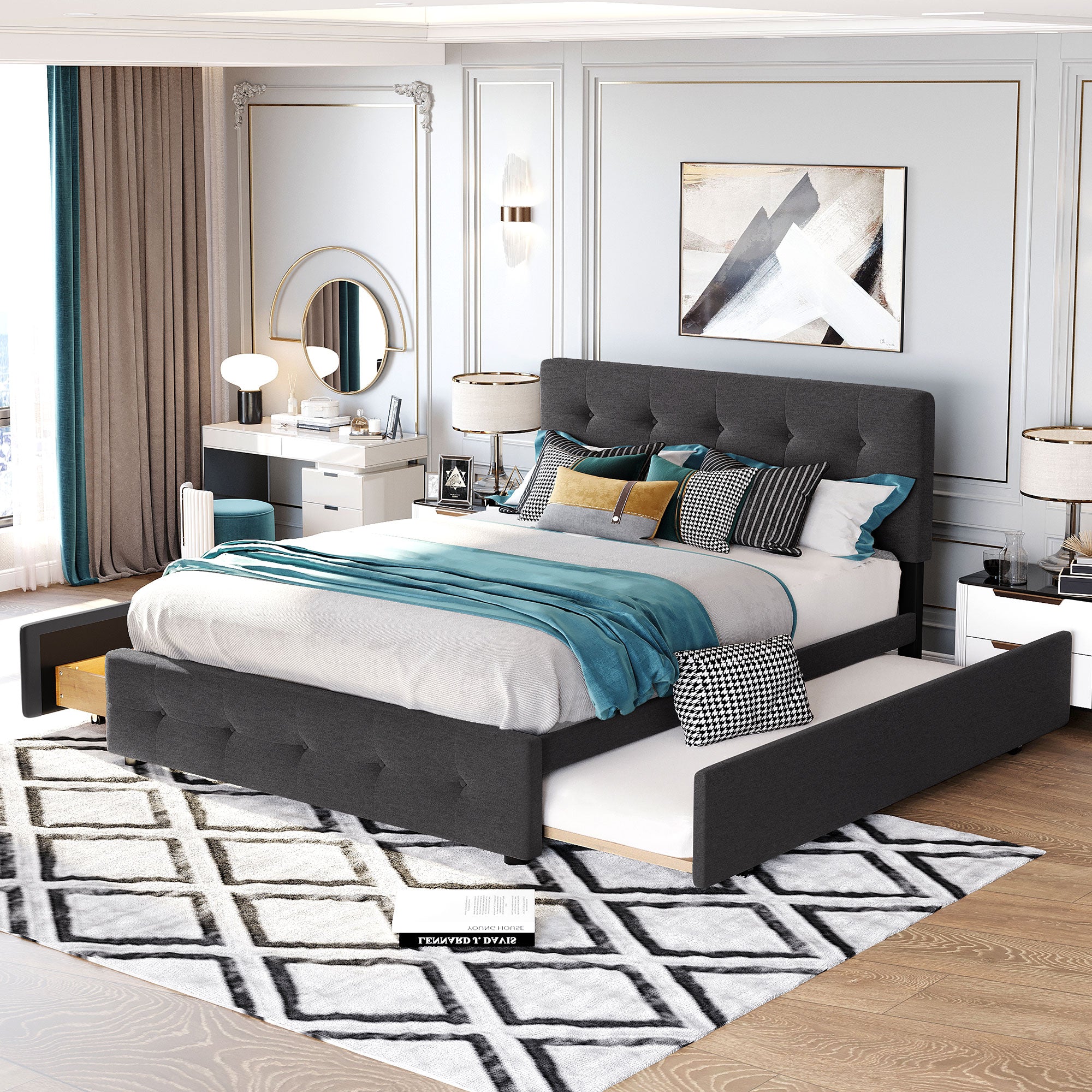 Queen Wood Frame Platform Bed with Drawers and Twin XL Trundle