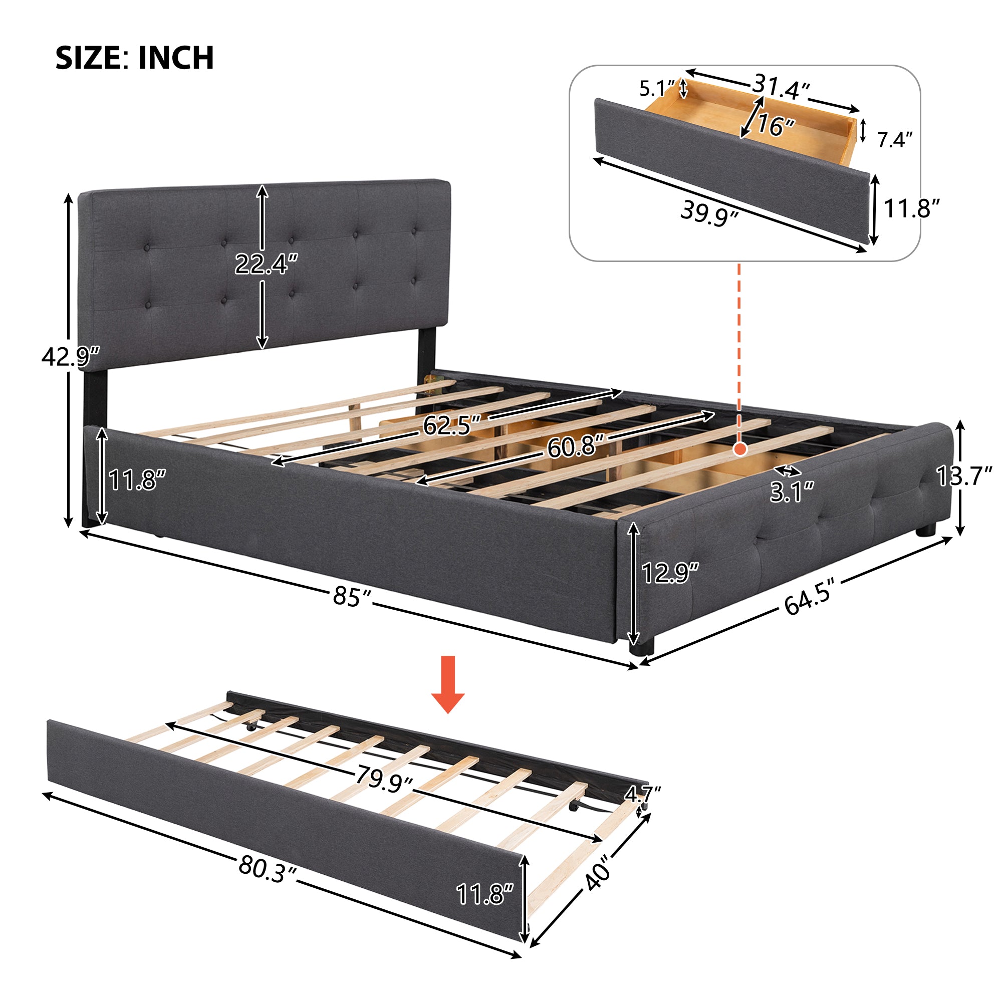 Queen Wood Frame Platform Bed with Drawers and Twin XL Trundle