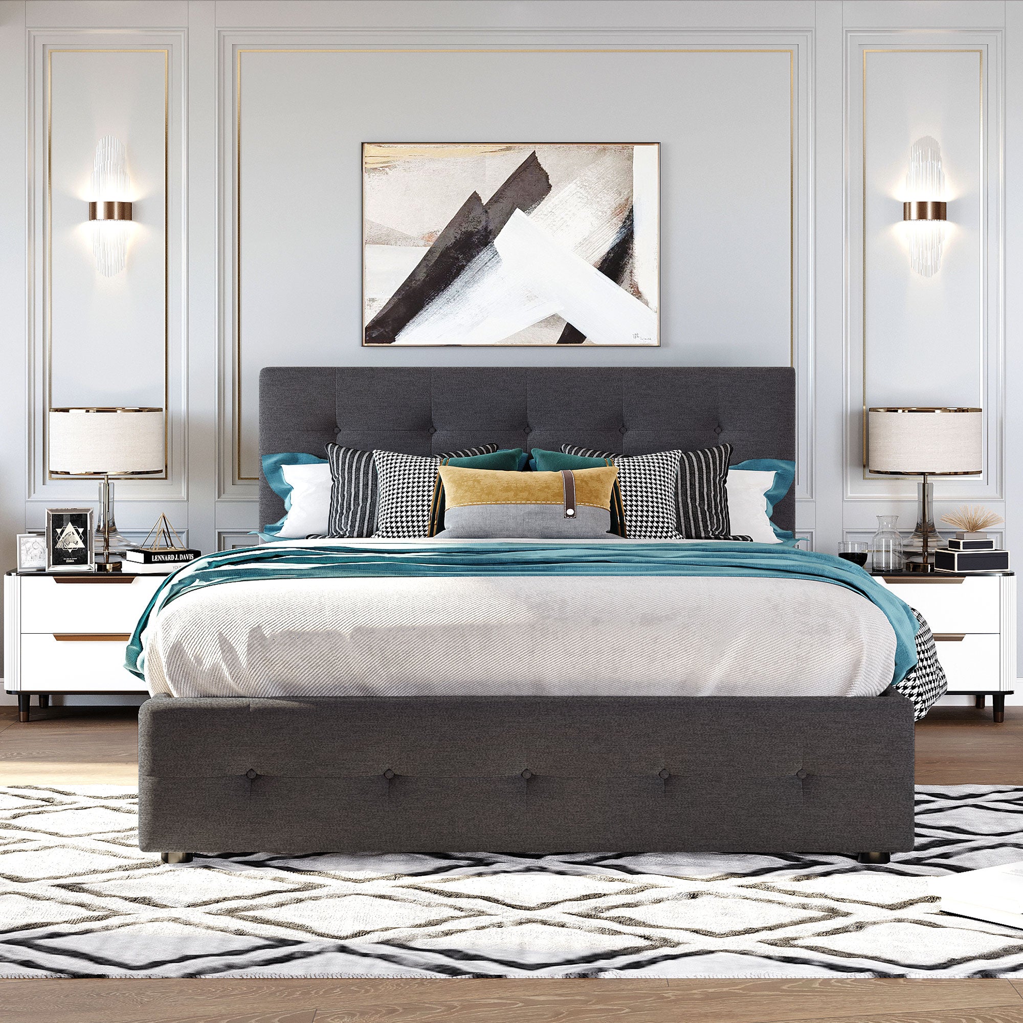 Queen Wood Frame Platform Bed with Drawers and Twin XL Trundle