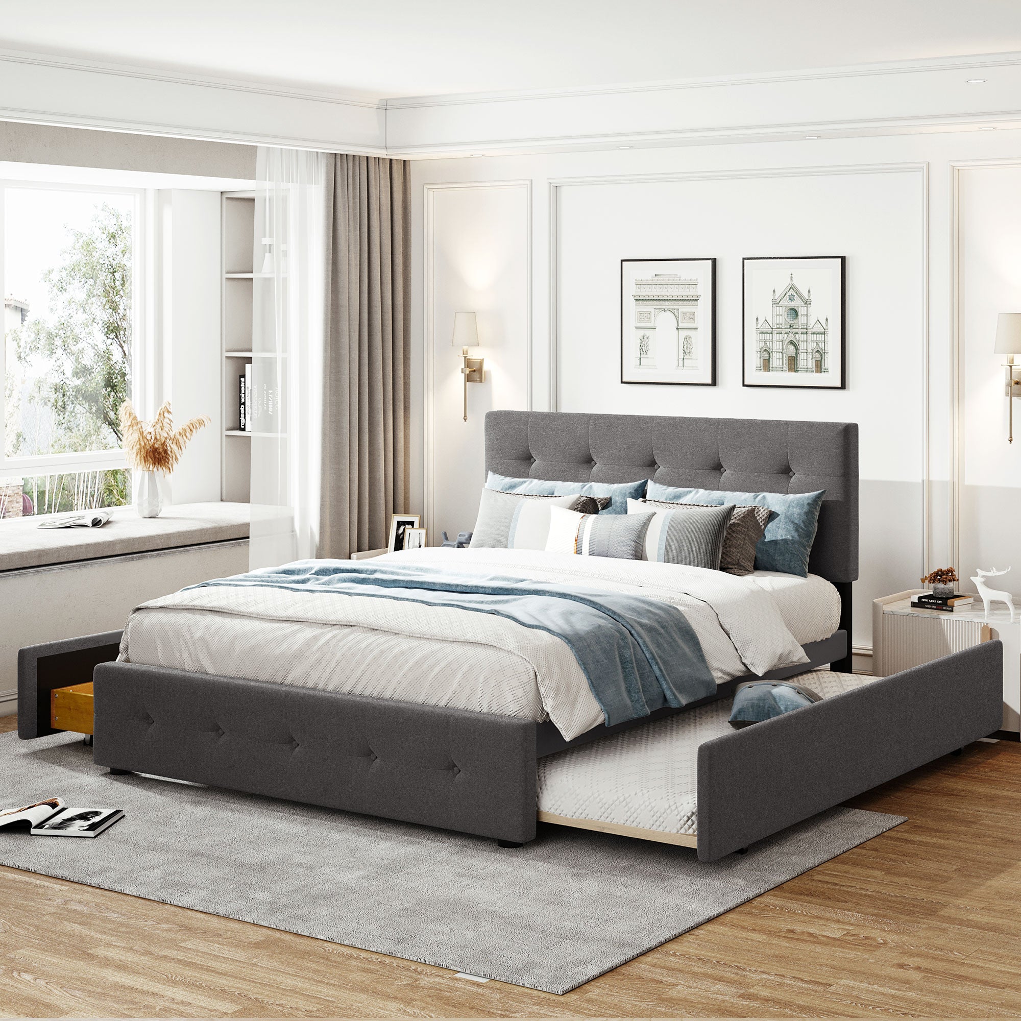 Queen Wood Frame Platform Bed with Drawers and Twin XL Trundle