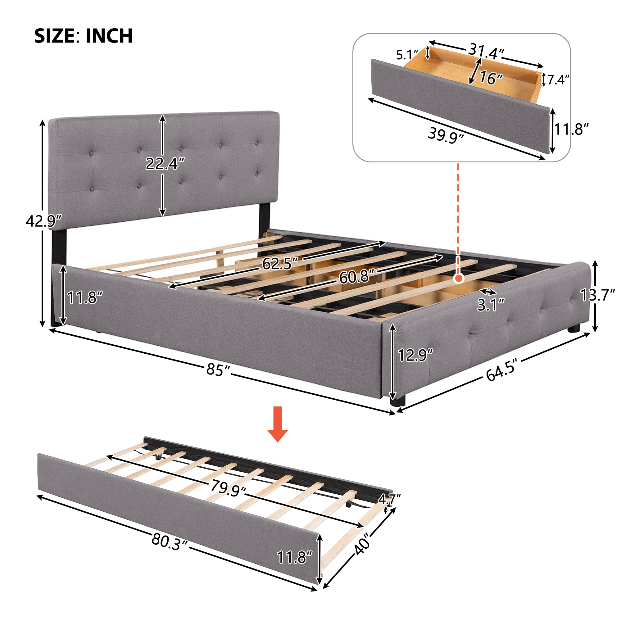 Queen Wood Frame Platform Bed with Drawers and Twin XL Trundle
