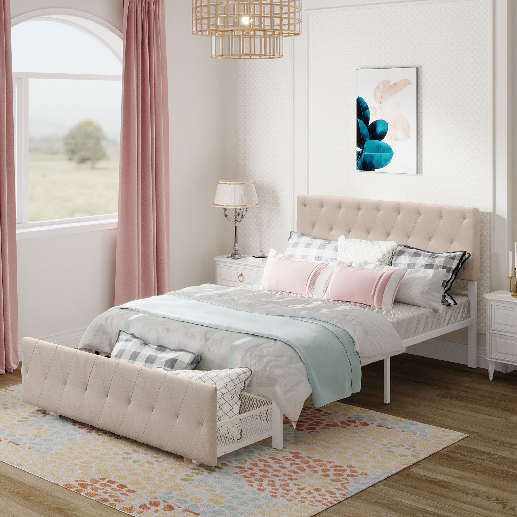 Twin/Queen/Full Metal Frame Linen Platform Bed with Drawer