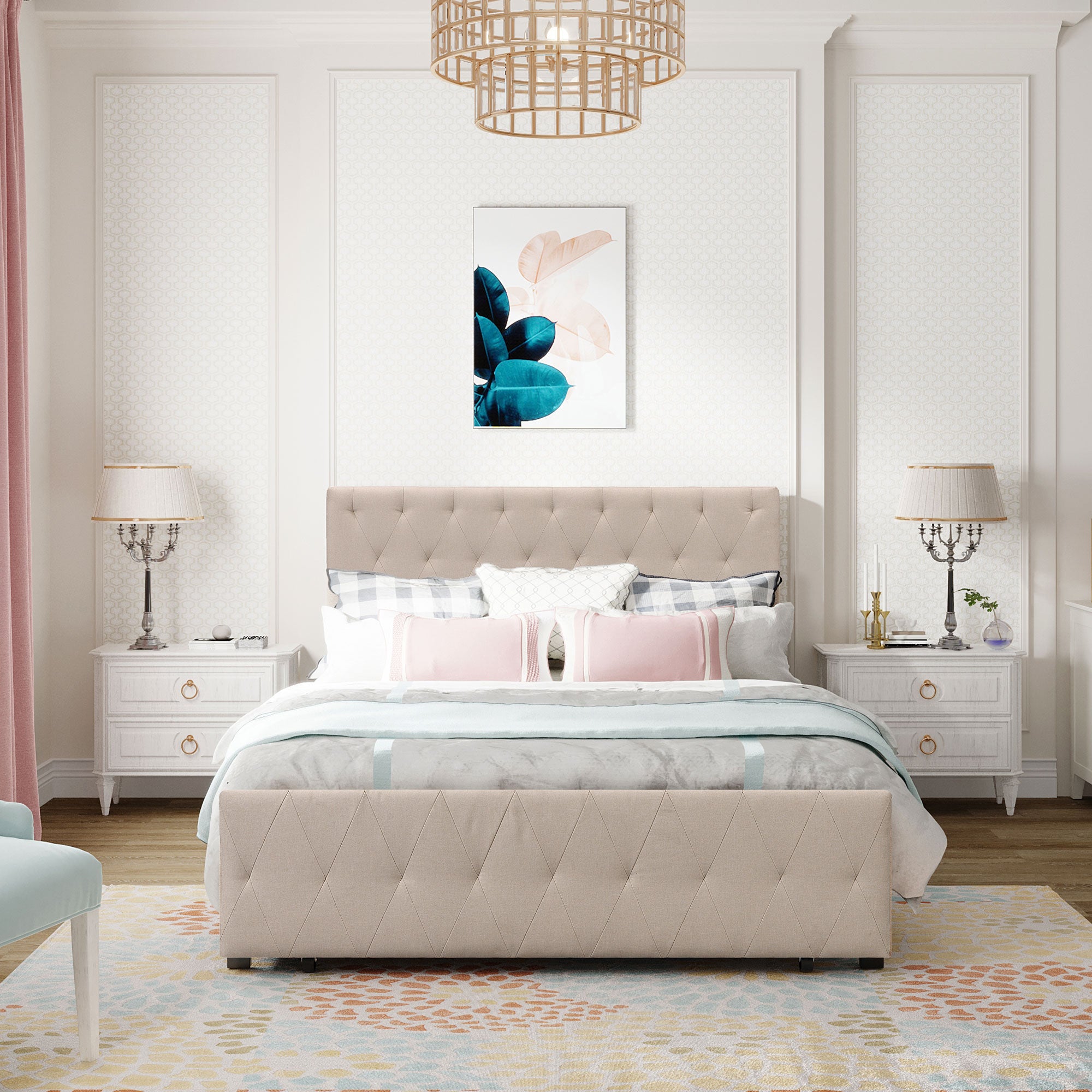 Twin/Queen/Full Metal Frame Linen Platform Bed with Drawer