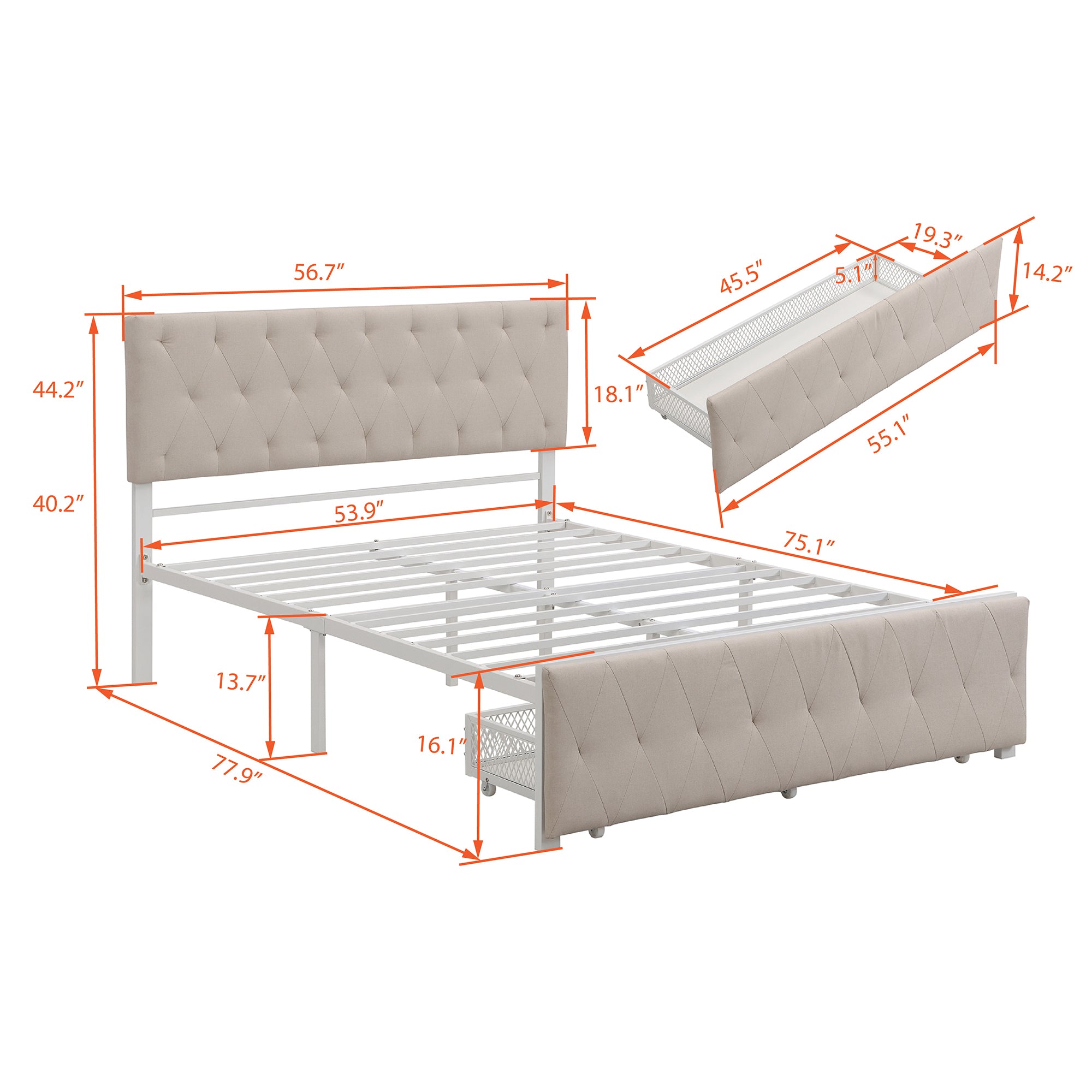 Twin/Queen/Full Metal Frame Linen Platform Bed with Drawer