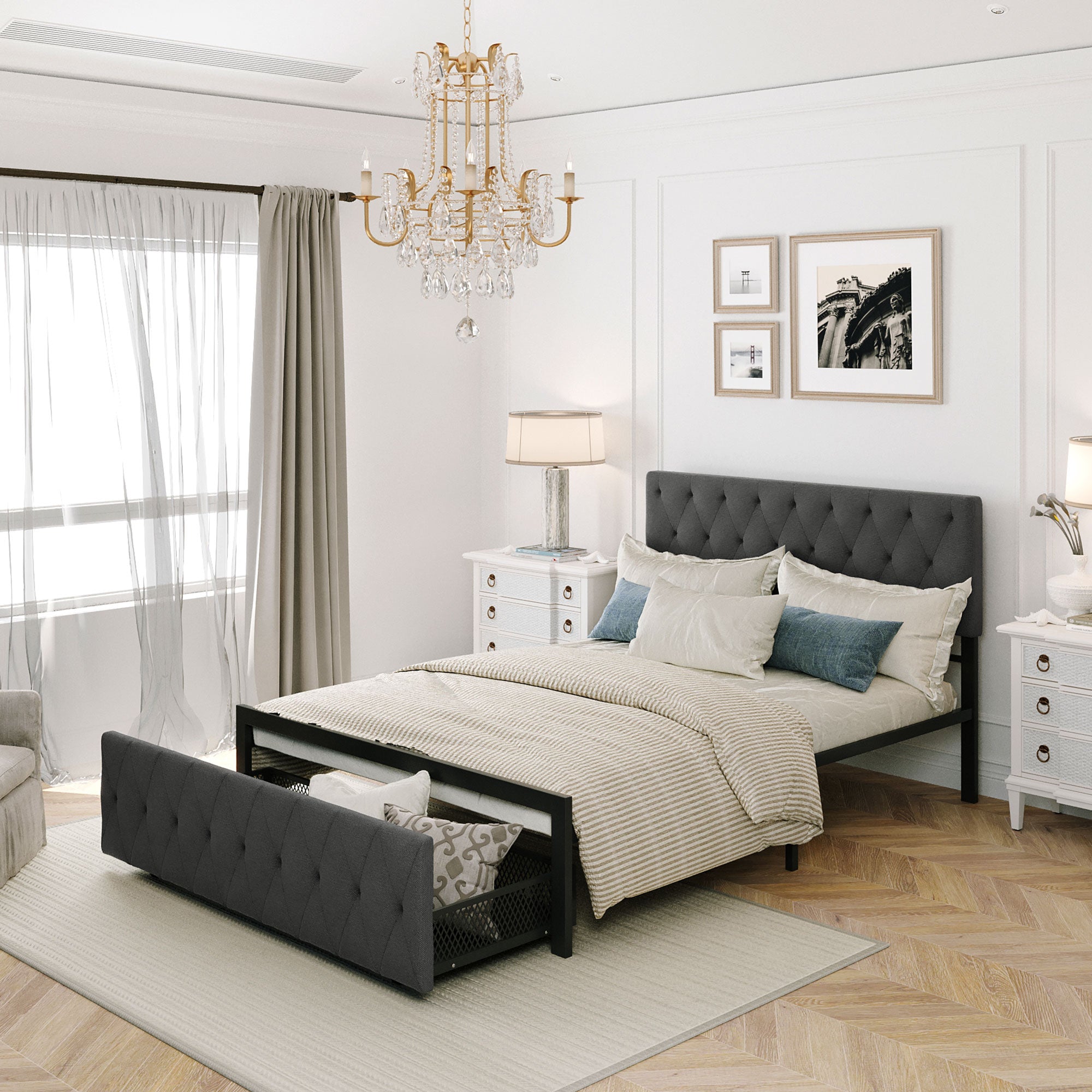Twin/Queen/Full Metal Frame Linen Platform Bed with Drawer