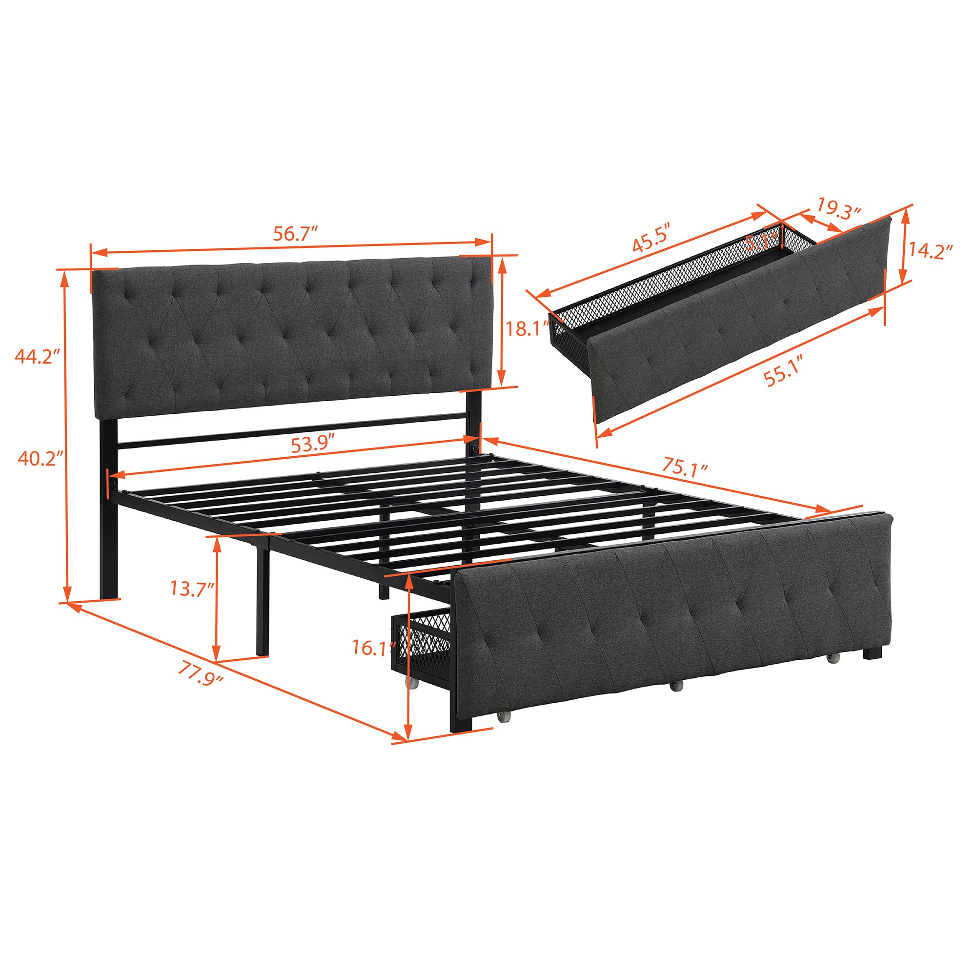 Twin/Queen/Full Metal Frame Linen Platform Bed with Drawer