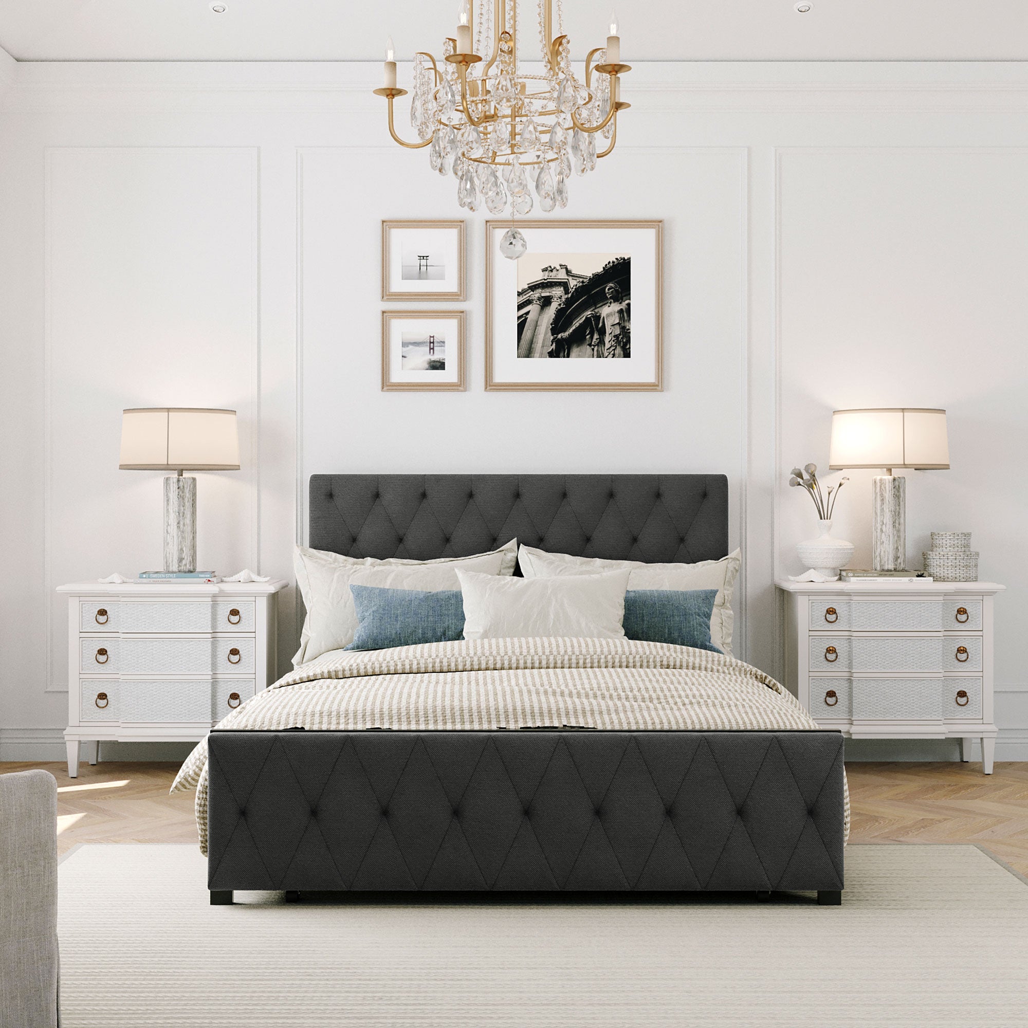 Twin/Queen/Full Metal Frame Linen Platform Bed with Drawer