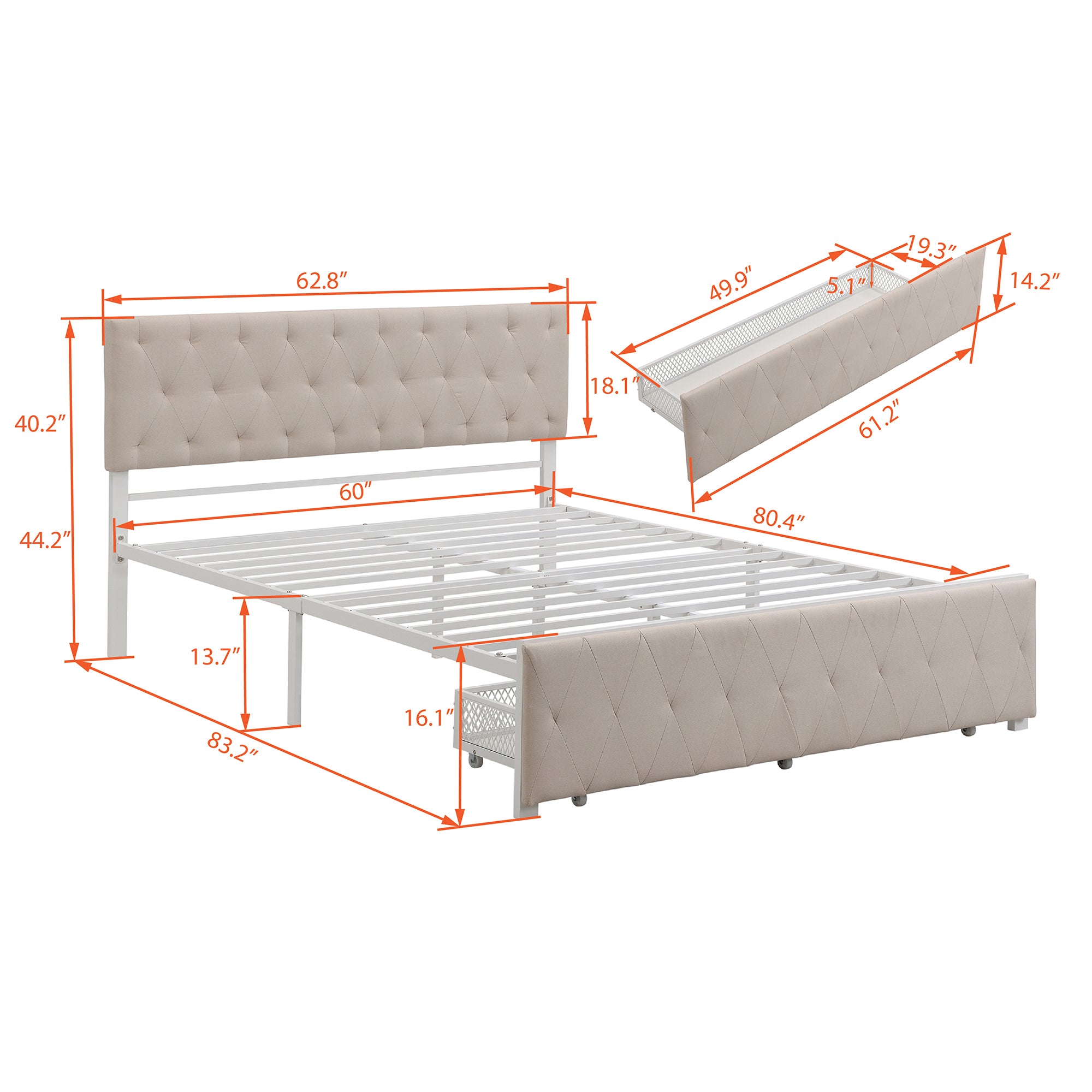 Twin/Queen/Full Metal Frame Linen Platform Bed with Drawer