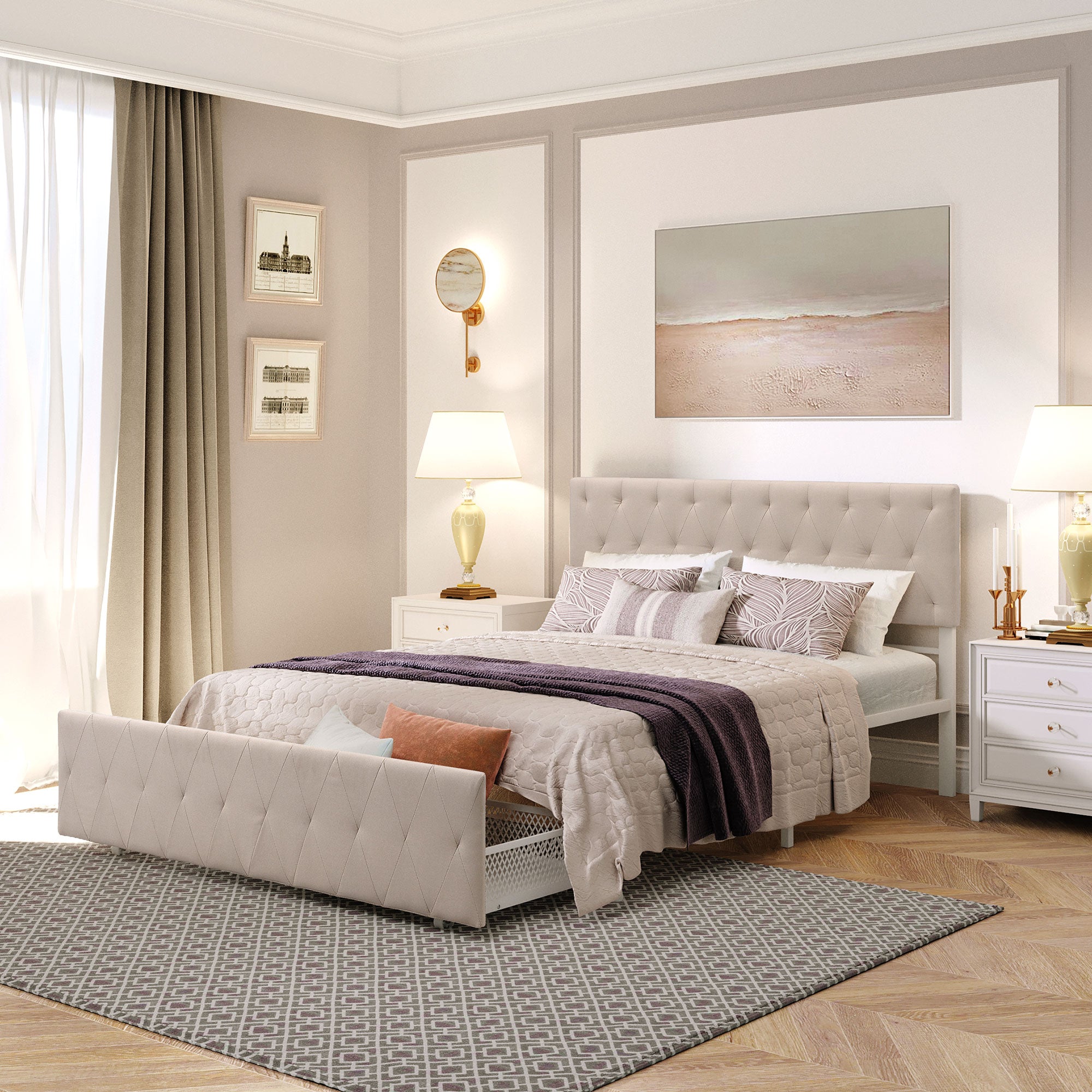 Twin/Queen/Full Metal Frame Linen Platform Bed with Drawer