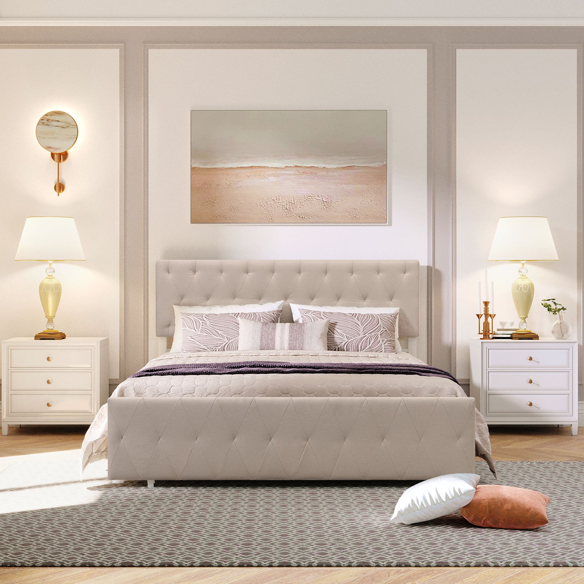 Twin/Queen/Full Metal Frame Linen Platform Bed with Drawer