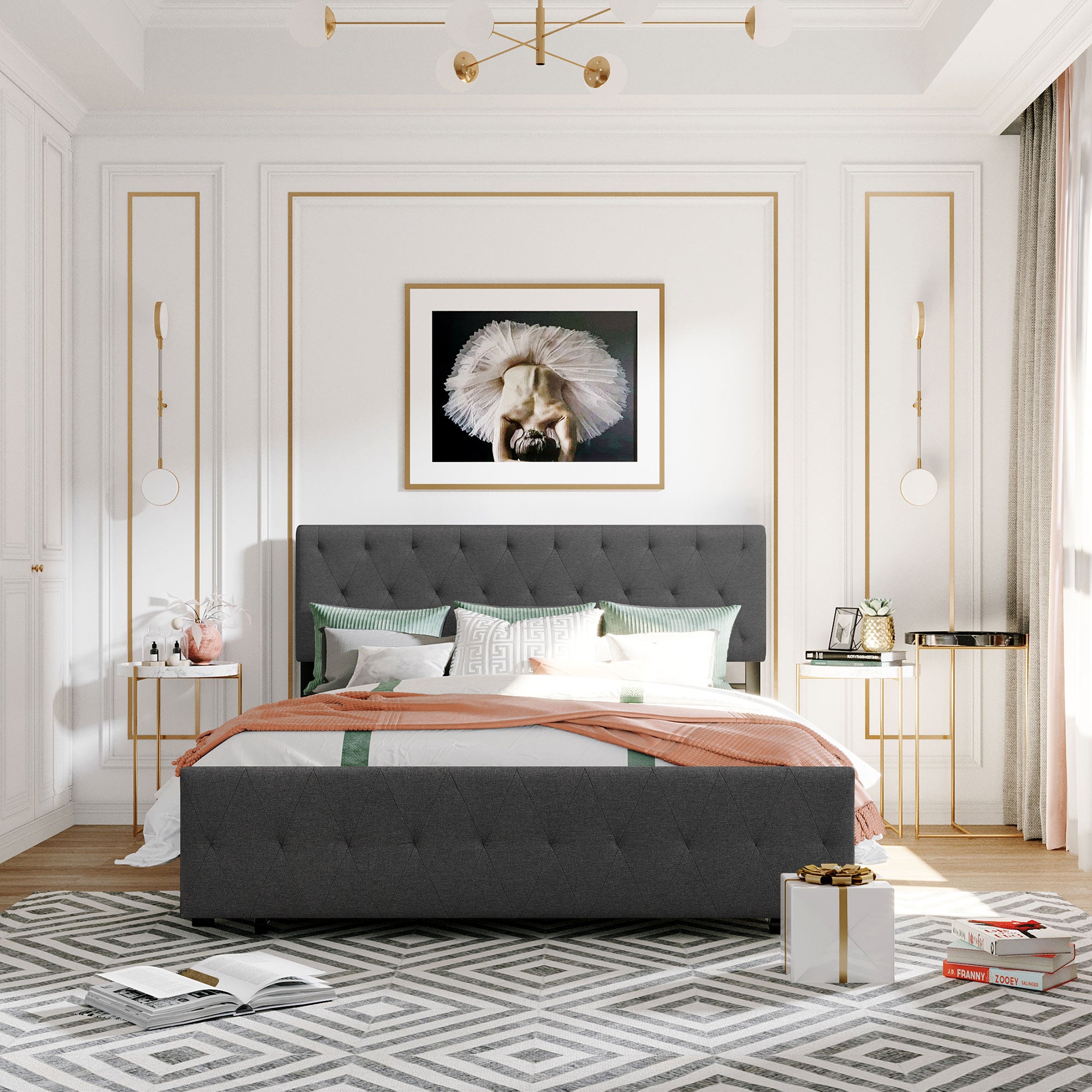 Twin/Queen/Full Metal Frame Linen Platform Bed with Drawer