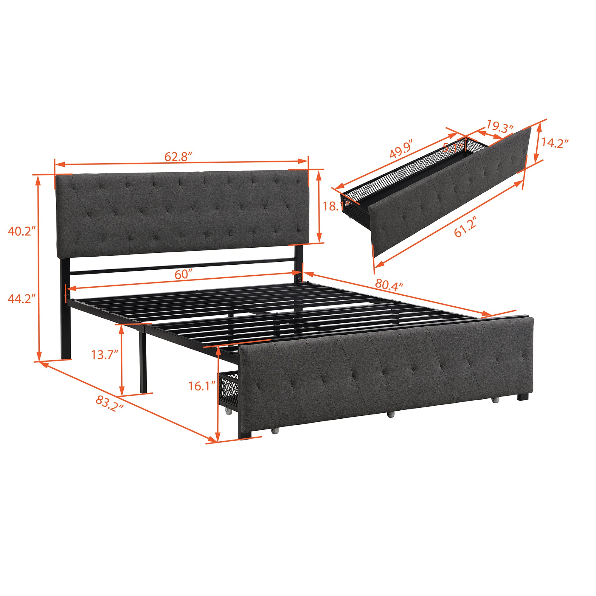 Twin/Queen/Full Metal Frame Linen Platform Bed with Drawer
