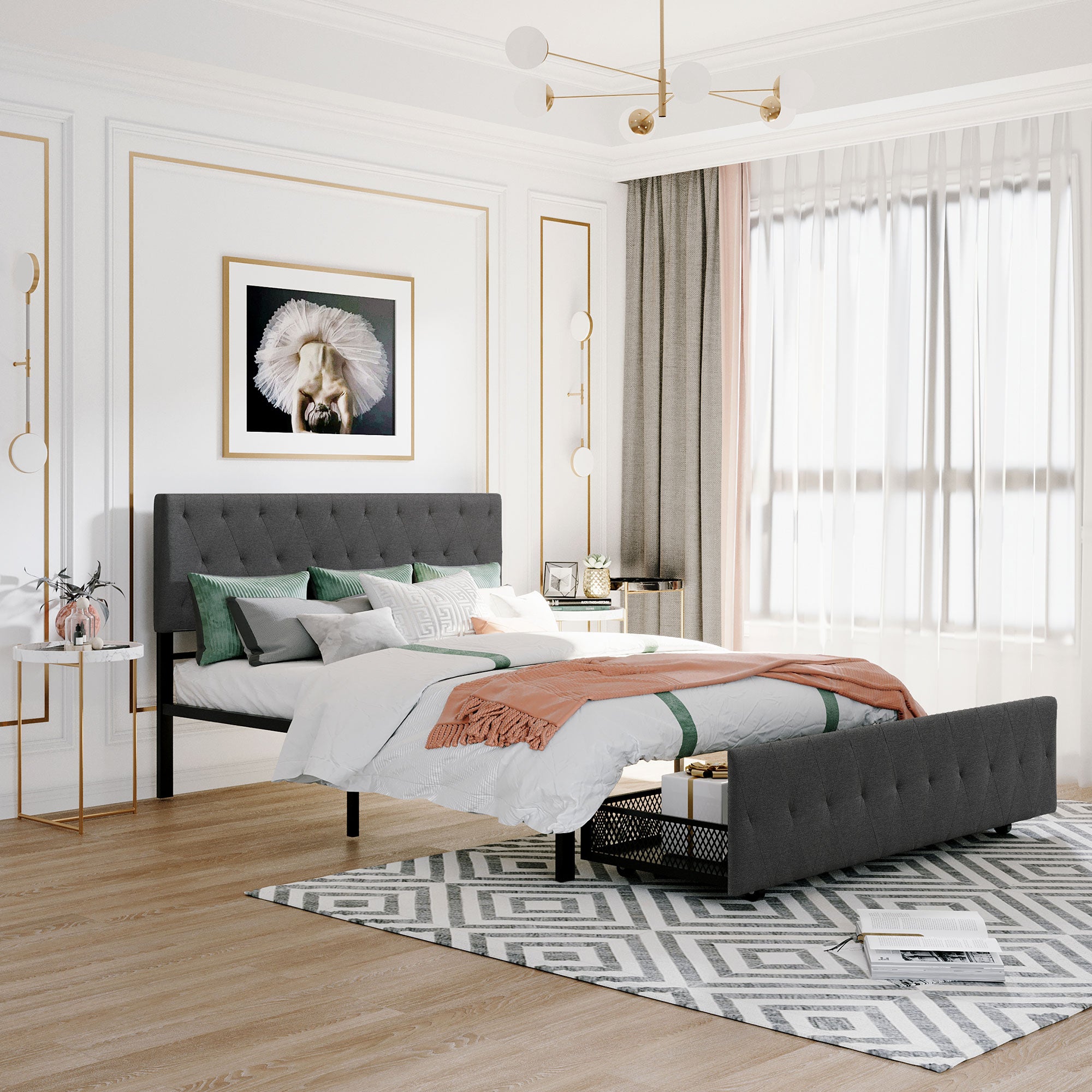 Twin/Queen/Full Metal Frame Linen Platform Bed with Drawer