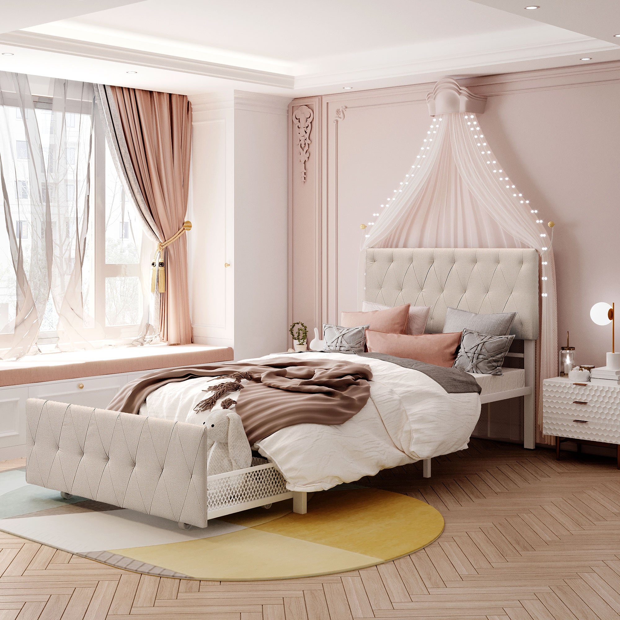 Twin/Queen/Full Metal Frame Linen Platform Bed with Drawer