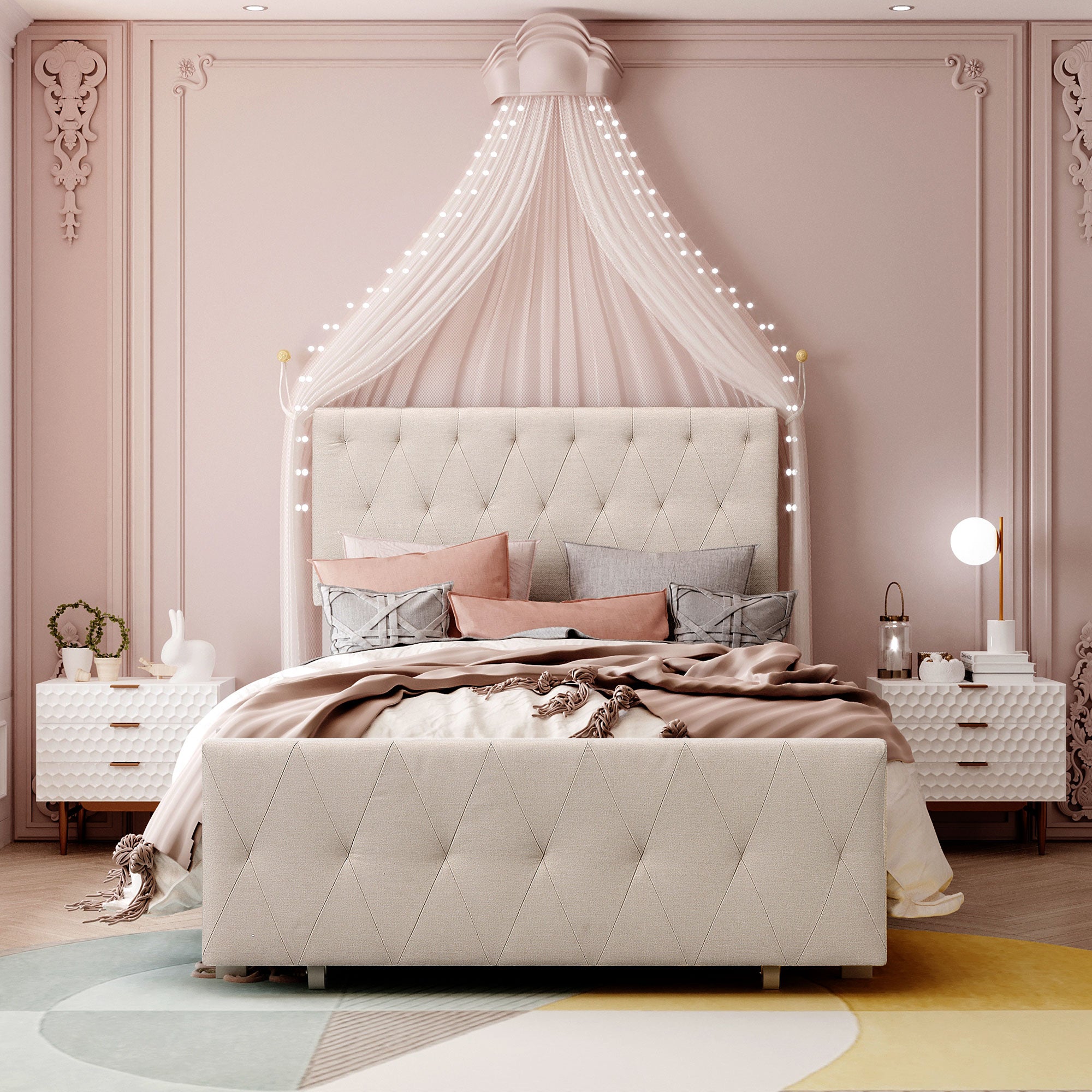 Twin/Queen/Full Metal Frame Linen Platform Bed with Drawer