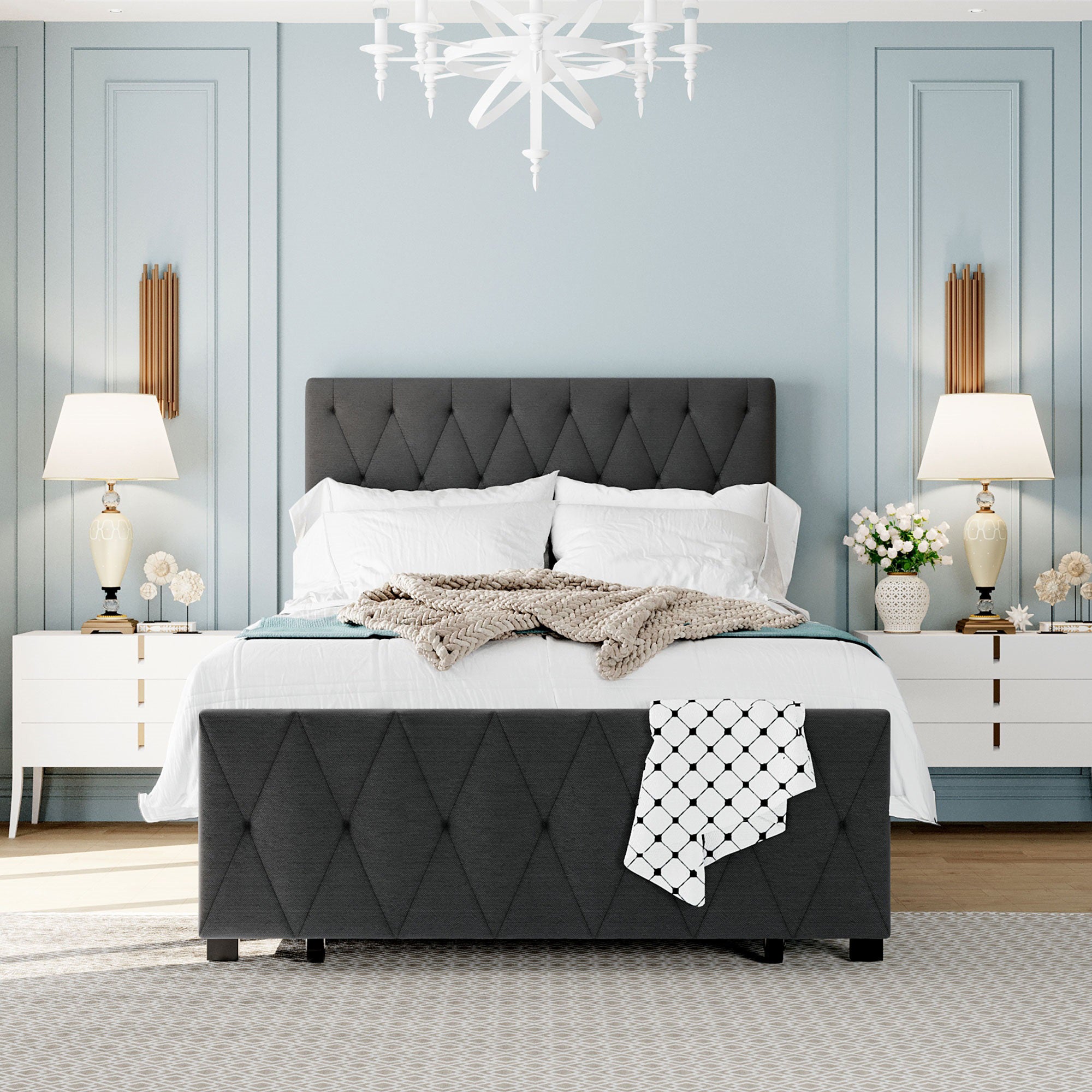Twin/Queen/Full Metal Frame Linen Platform Bed with Drawer