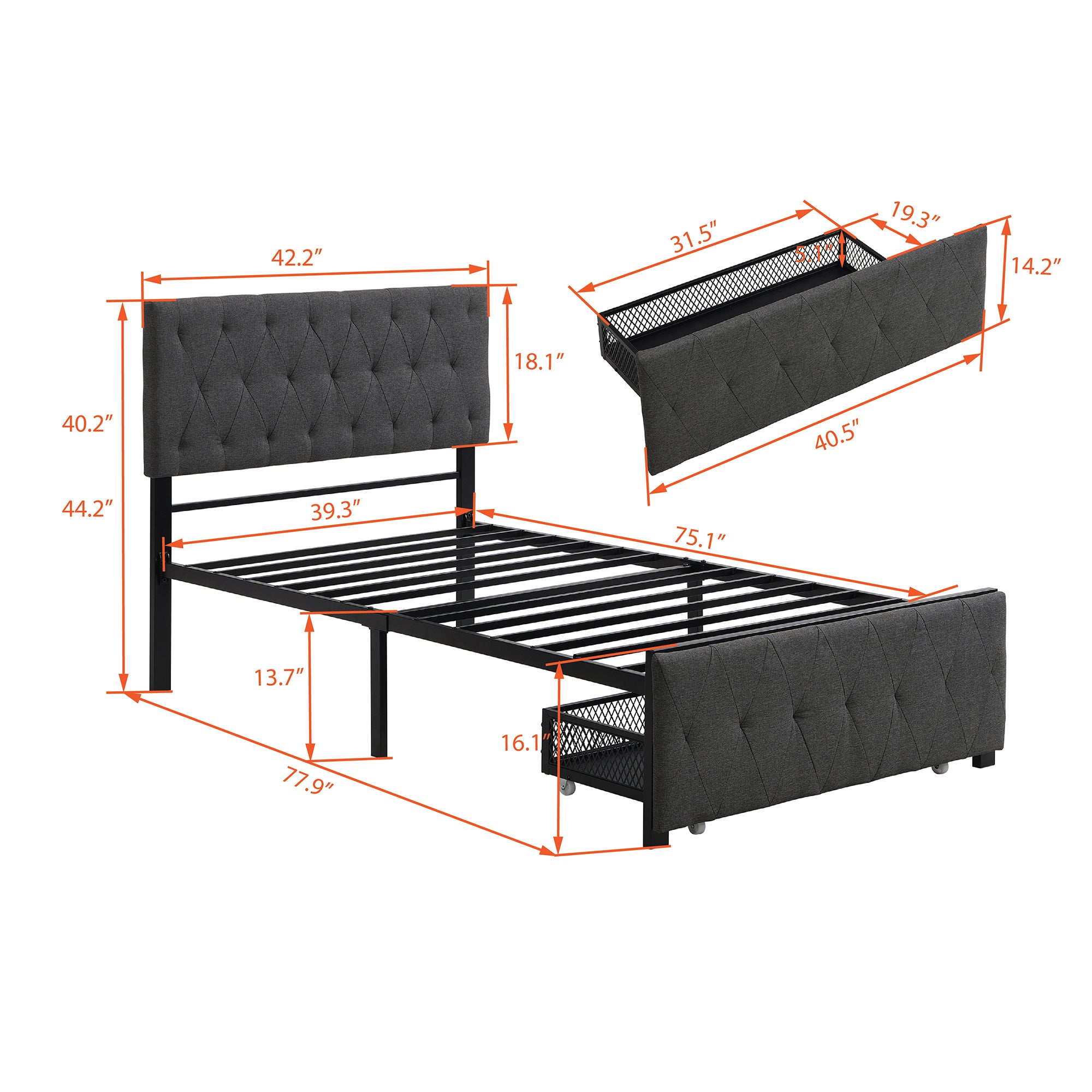 Twin/Queen/Full Metal Frame Linen Platform Bed with Drawer