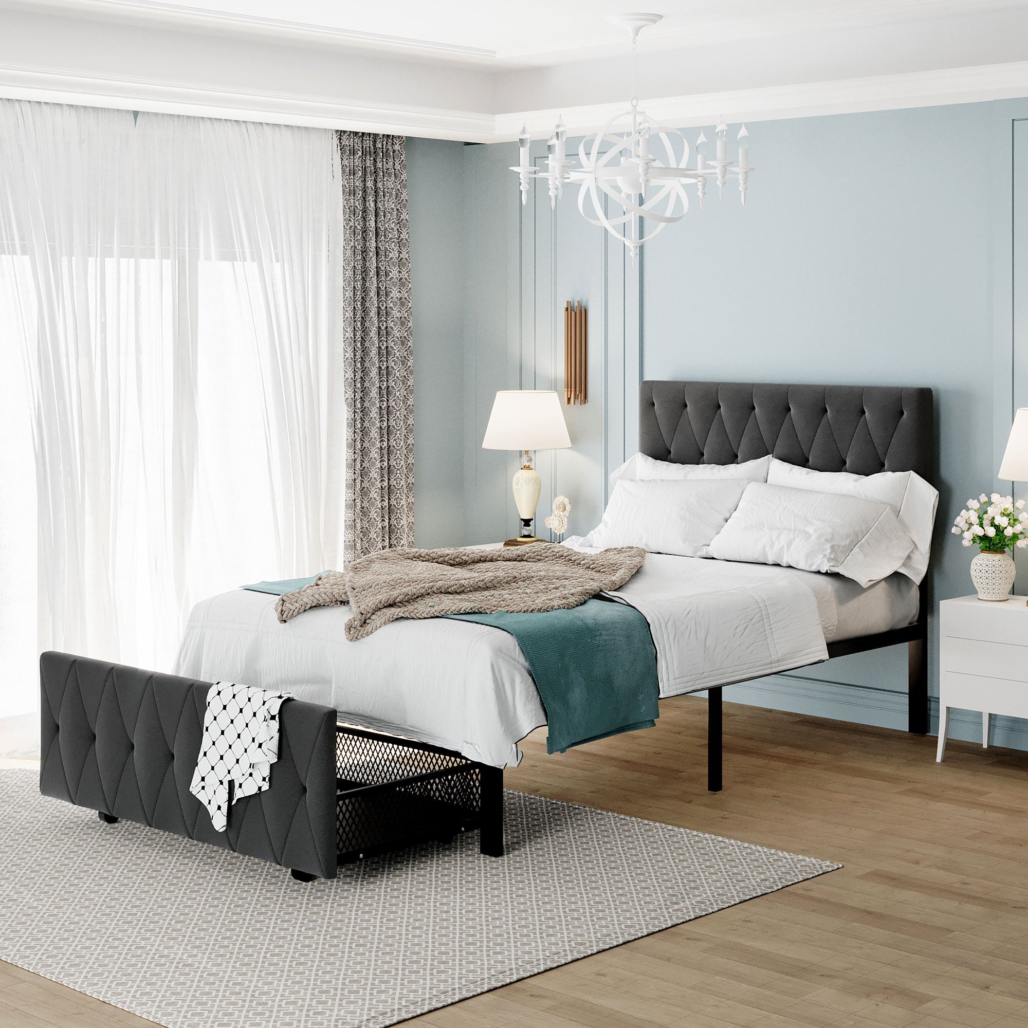 Twin/Queen/Full Metal Frame Linen Platform Bed with Drawer