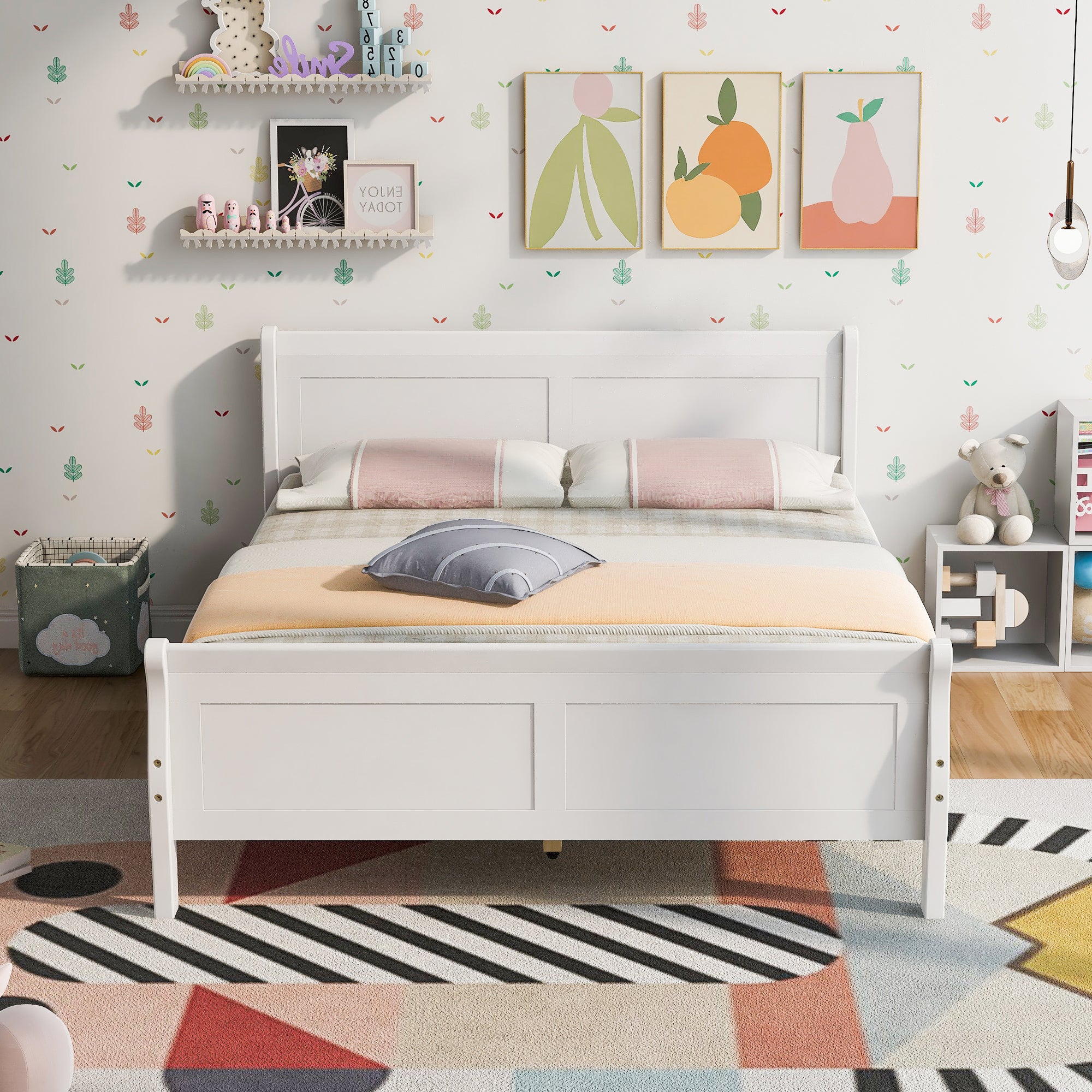 Twin/Full/Queen Wood Frame Sleigh Bed with Footboard