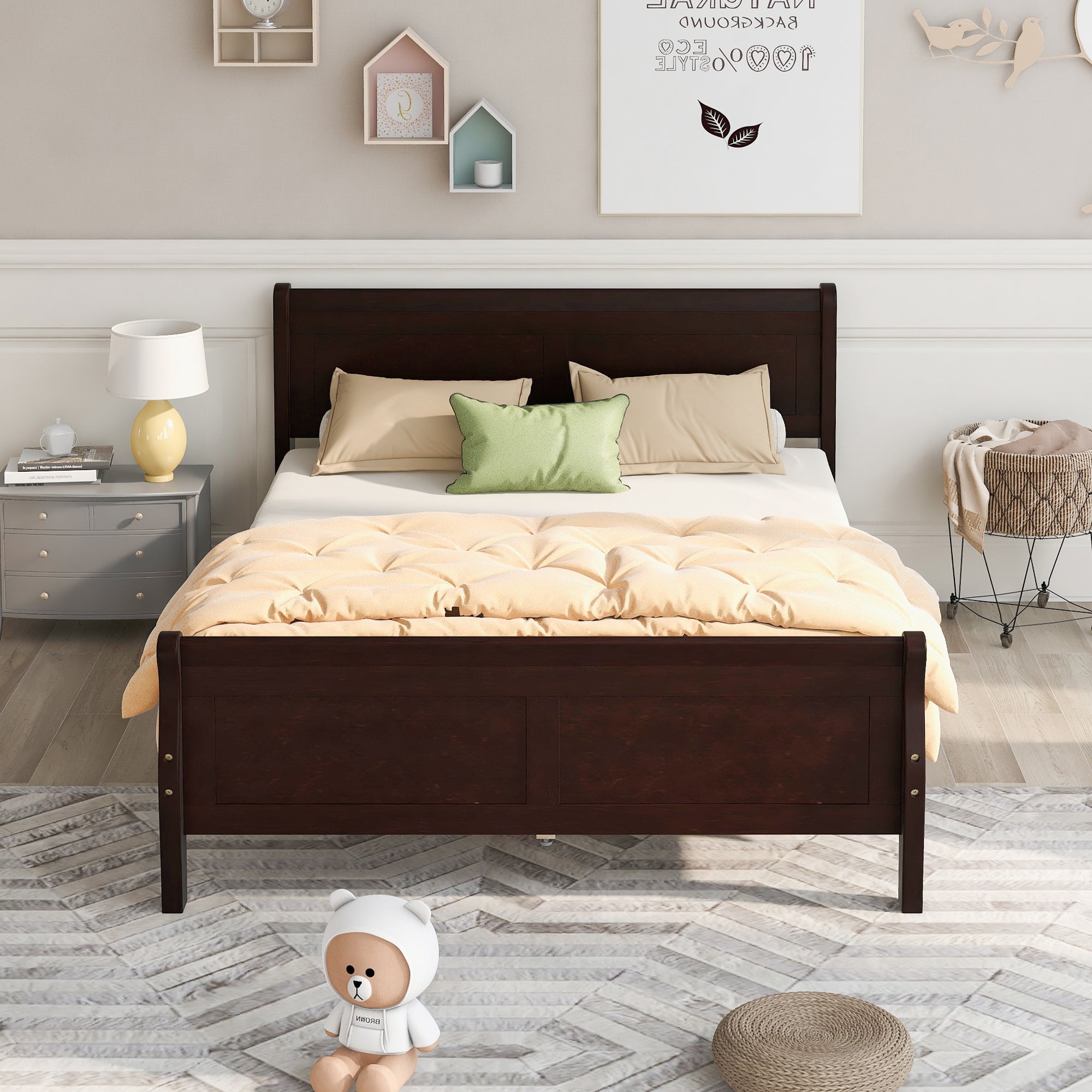 Twin/Full/Queen Wood Frame Sleigh Bed with Footboard