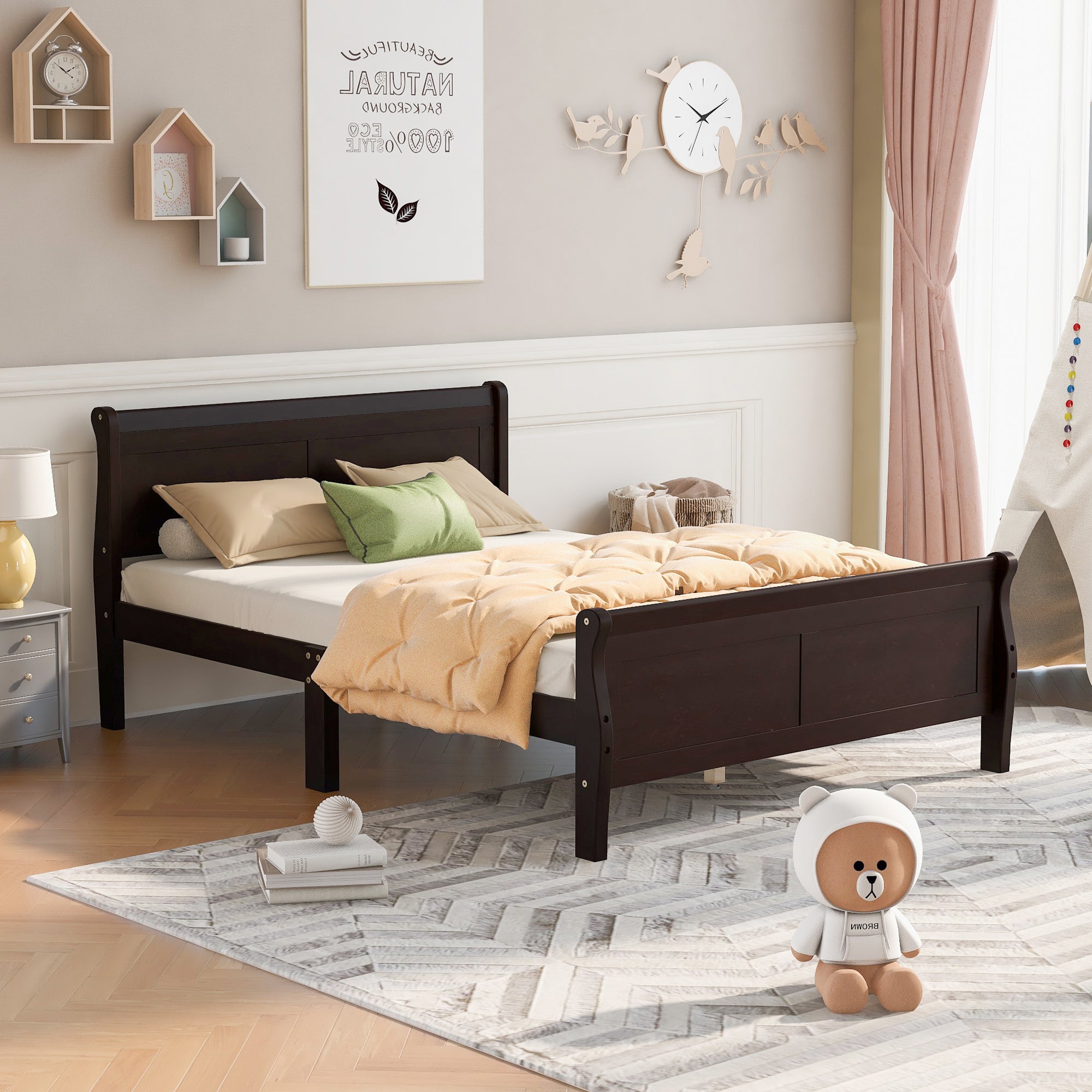 Twin/Full/Queen Wood Frame Sleigh Bed with Footboard
