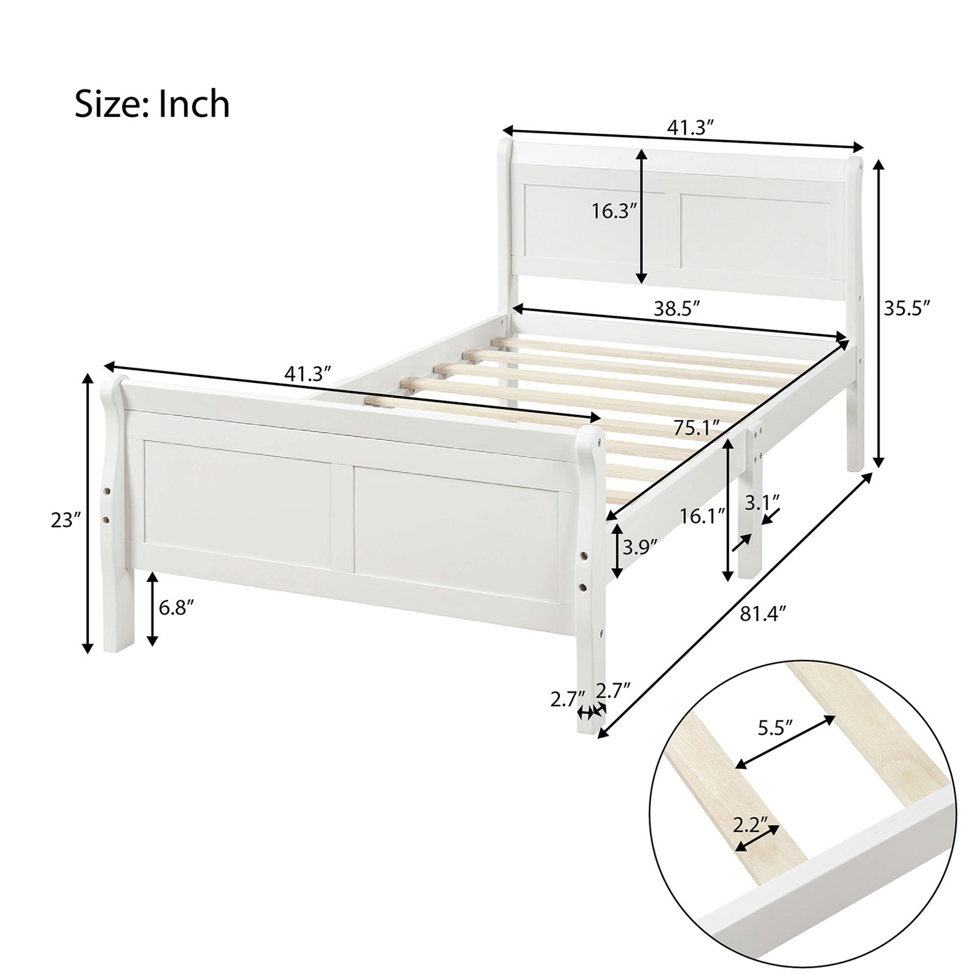 Twin/Full/Queen Wood Frame Sleigh Bed with Footboard