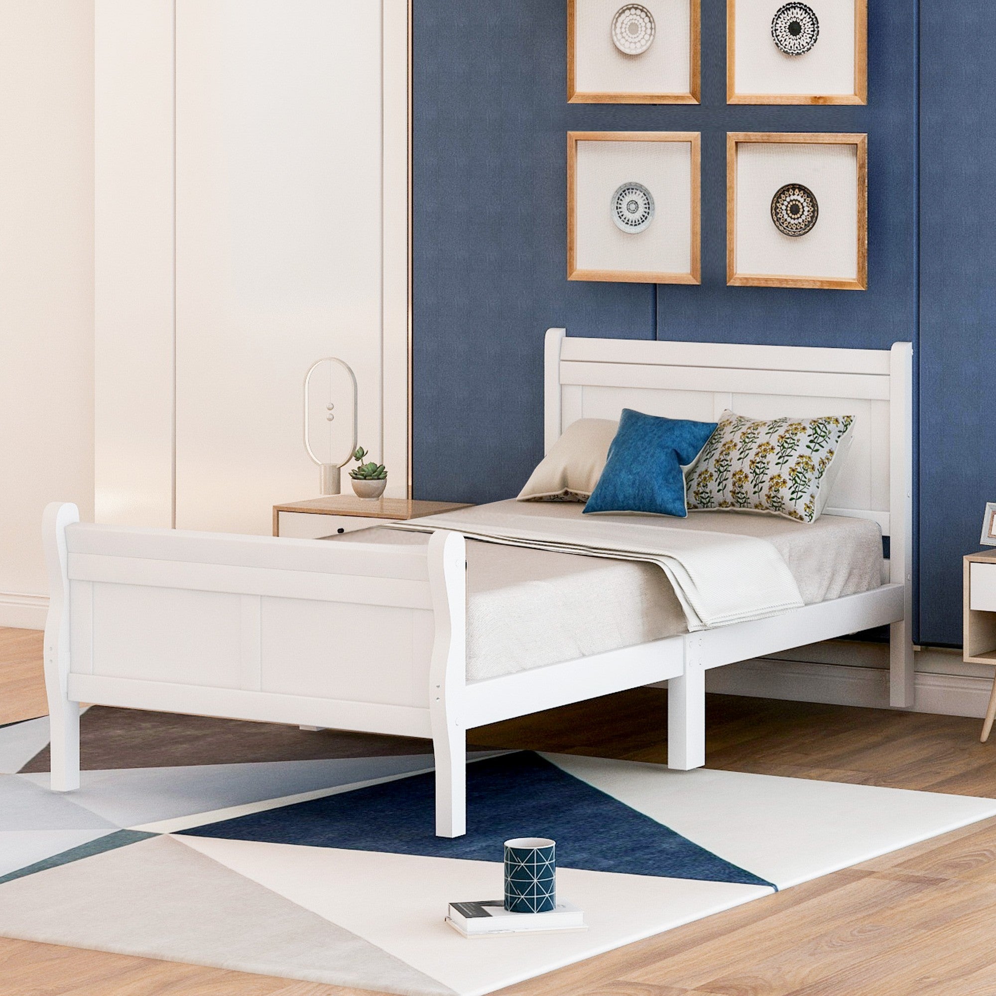 Twin/Full/Queen Wood Frame Sleigh Bed with Footboard