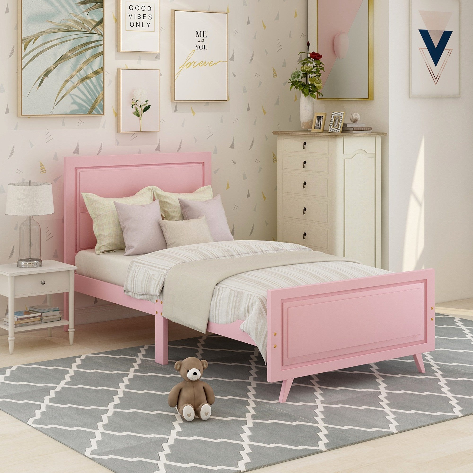Twin Wood Frame Platform Bed with Headboard