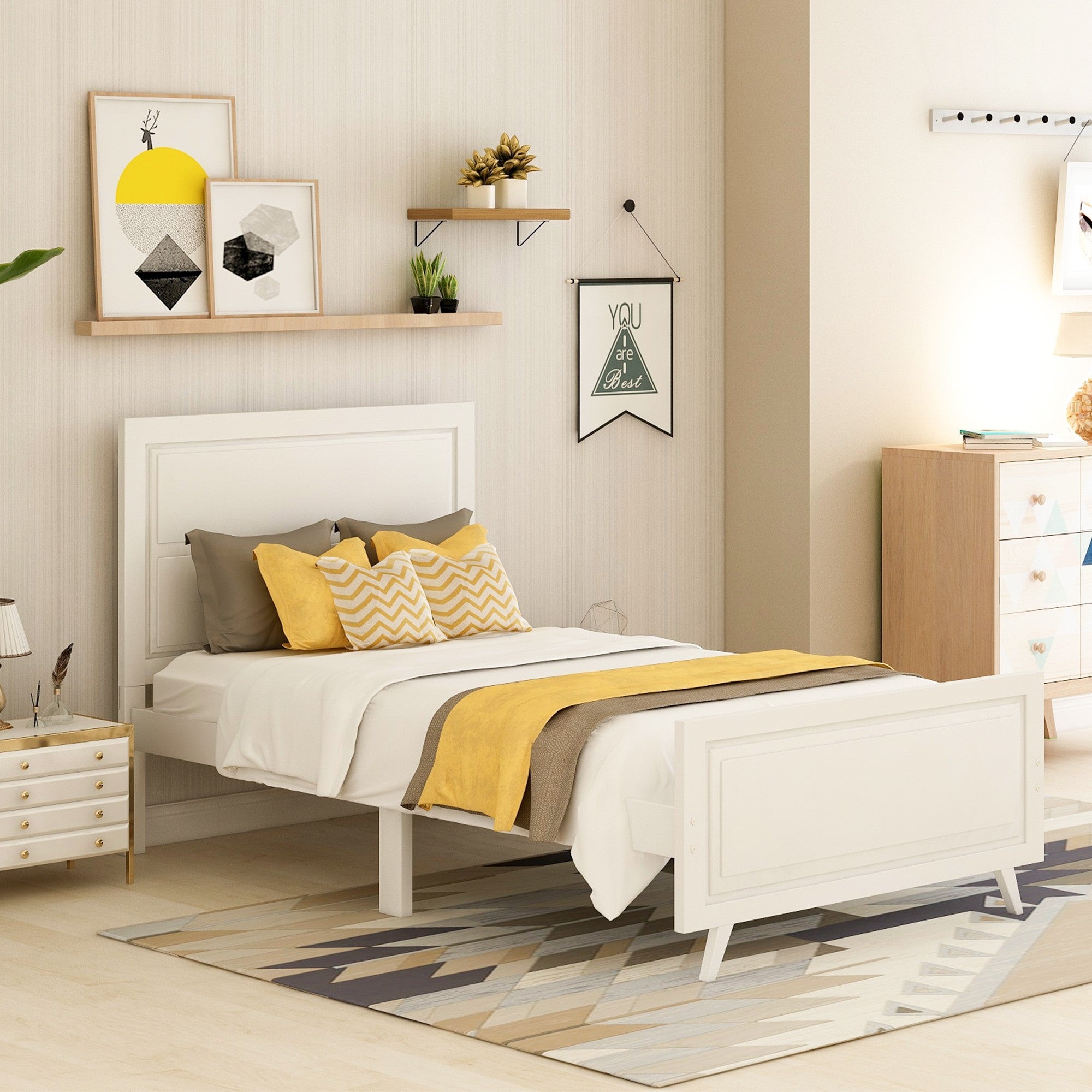Twin Wood Frame Platform Bed with Headboard