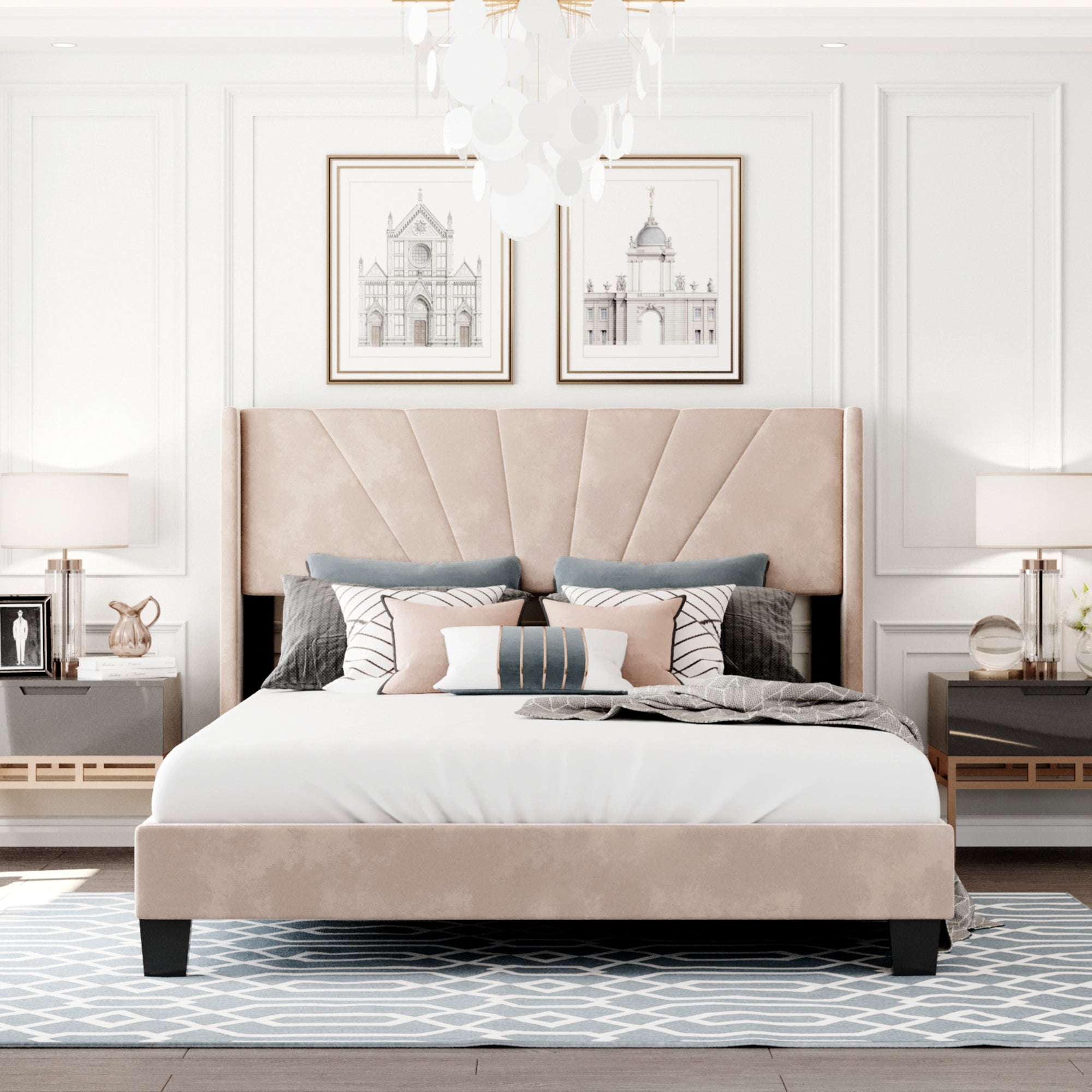 Queen Wood Frame Platform Bed with Upholstered Headboard