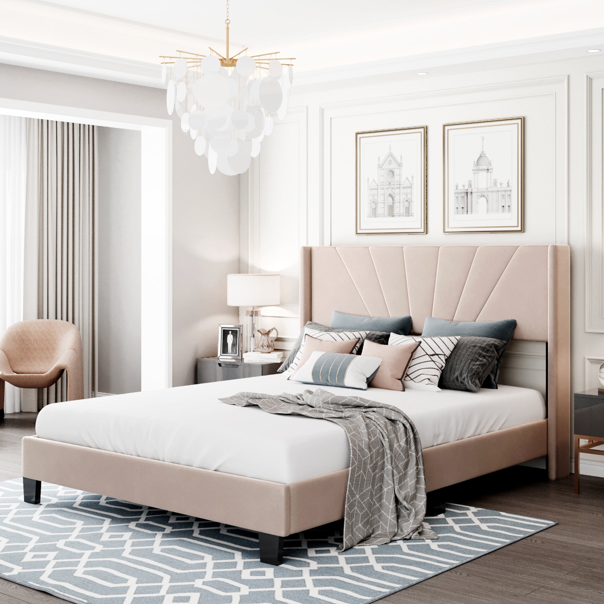 Queen Wood Frame Platform Bed with Upholstered Headboard