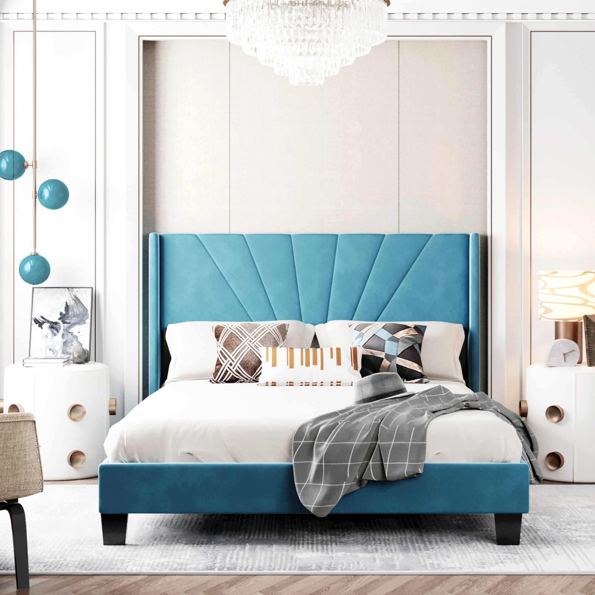 Queen Wood Frame Platform Bed with Upholstered Headboard