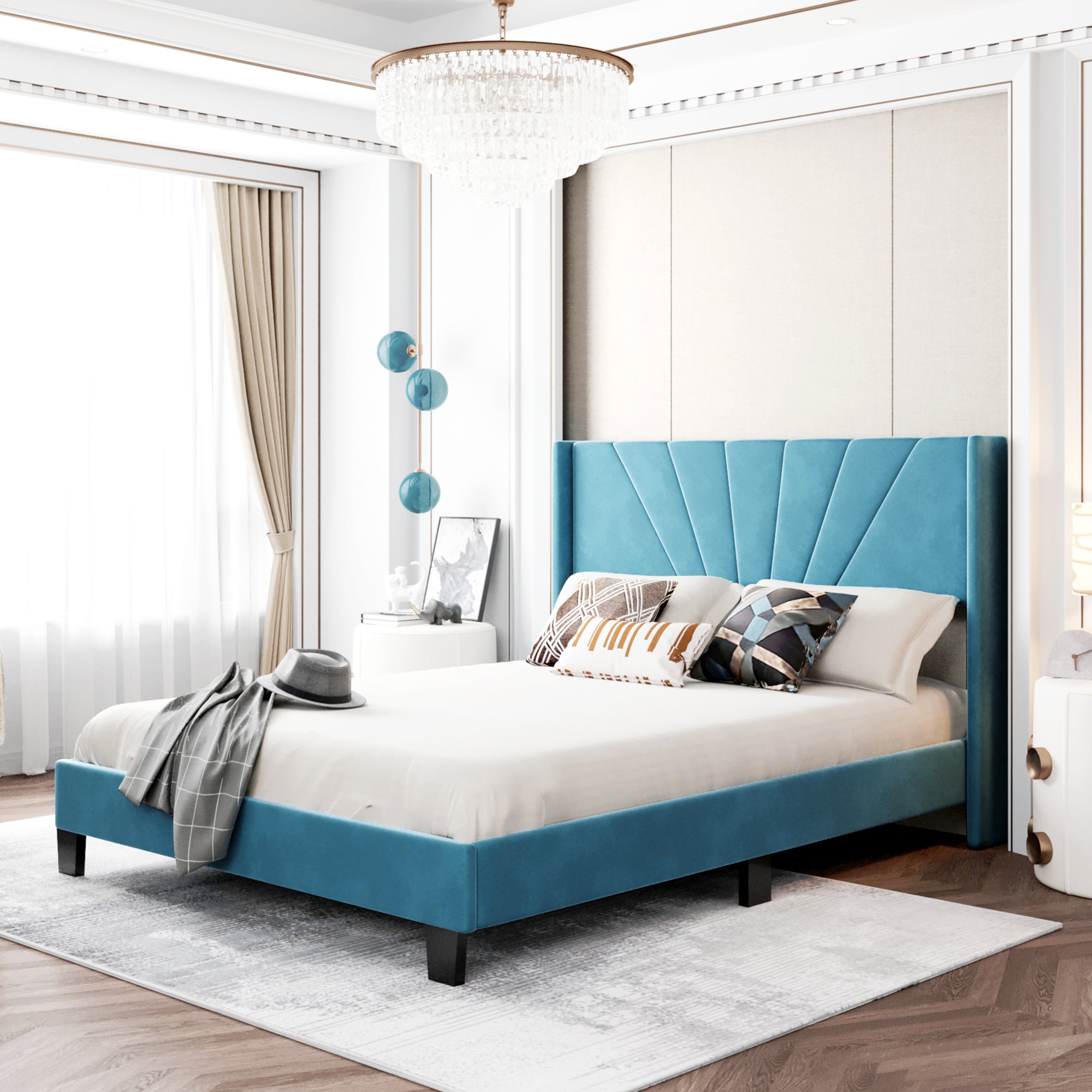 Queen Wood Frame Platform Bed with Upholstered Headboard