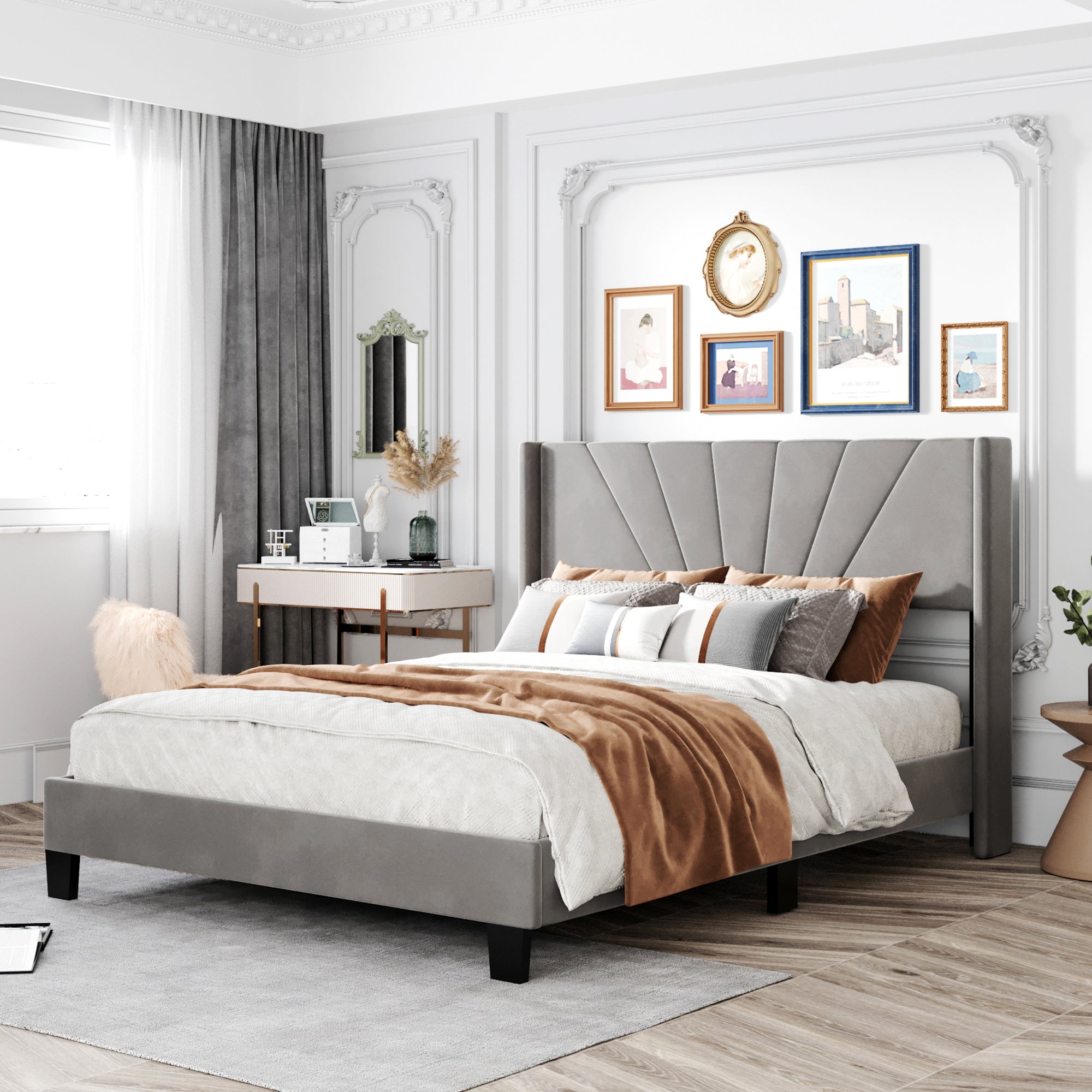 Queen Wood Frame Platform Bed with Upholstered Headboard