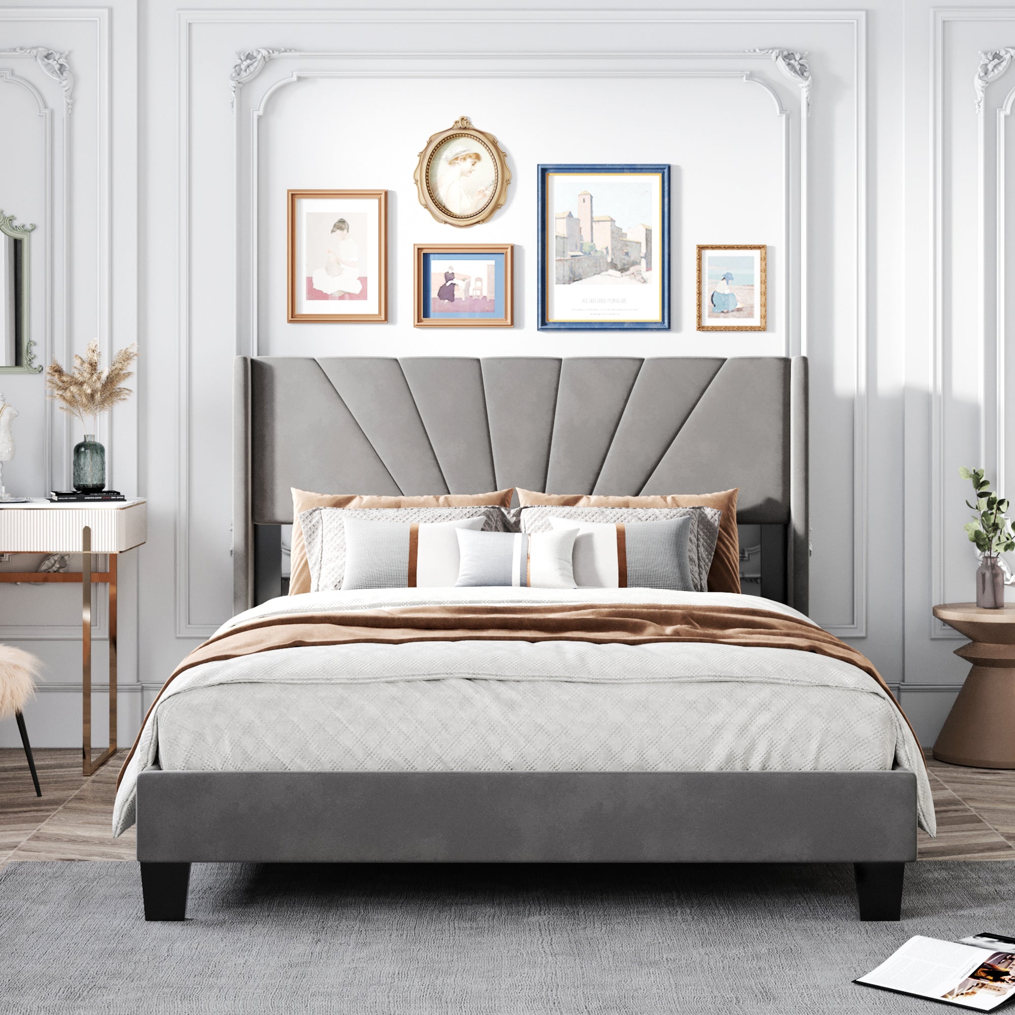 Queen Wood Frame Platform Bed with Upholstered Headboard
