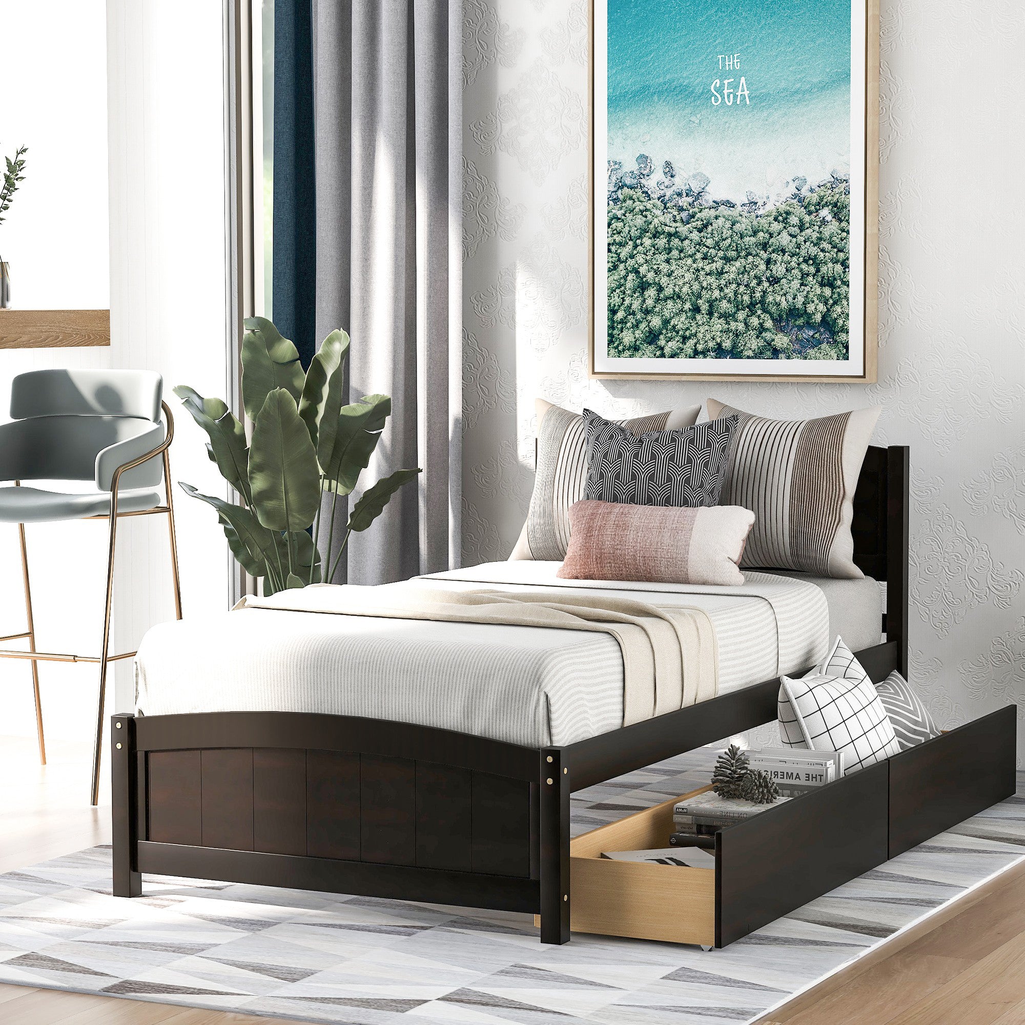 Twin Wood Frame Platform Bed with 2 Drawers